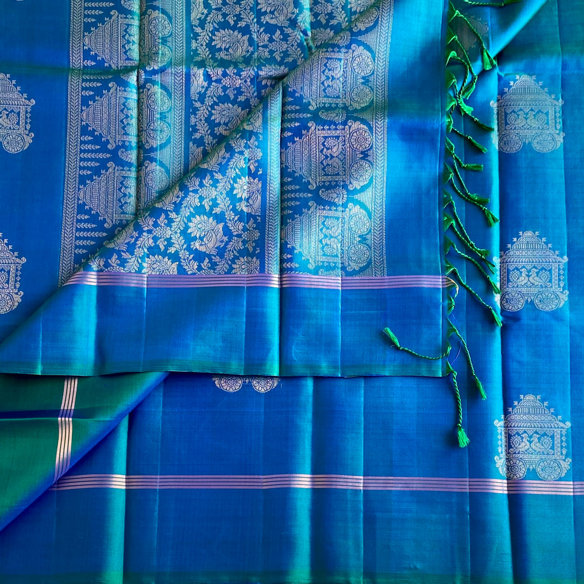 Dual Shaded Peacock Bluish Green Designer Pure Silk Saree