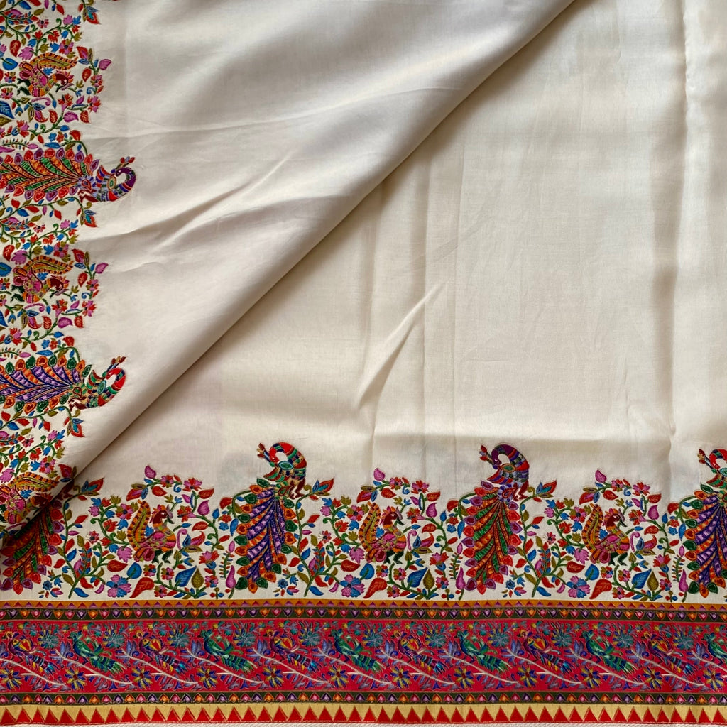 Traditional Ivory Silk Floral Paisley Embroidered Saree Gold Thread Border