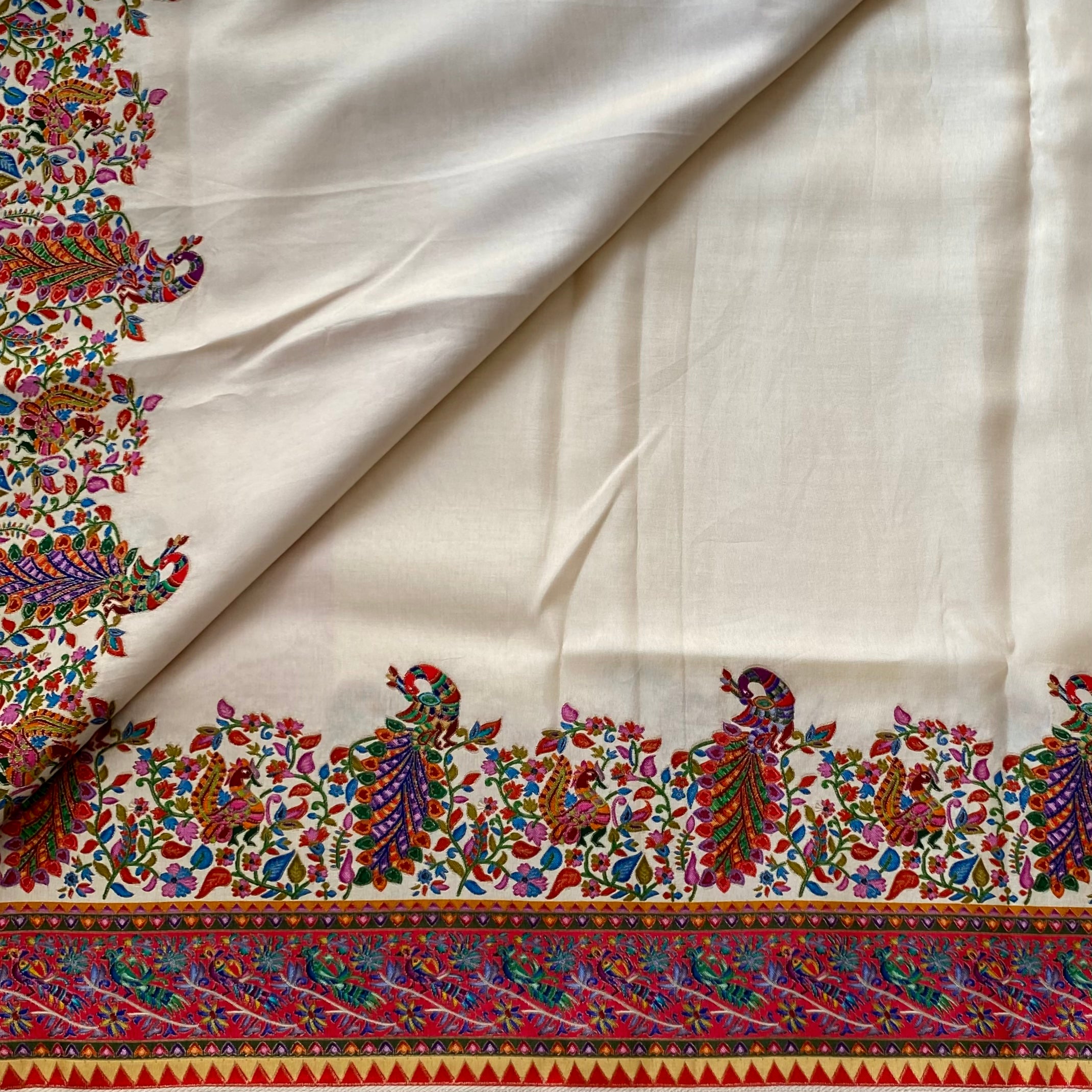 Traditional Ivory Silk Floral Paisley Embroidered Saree Gold Thread Border