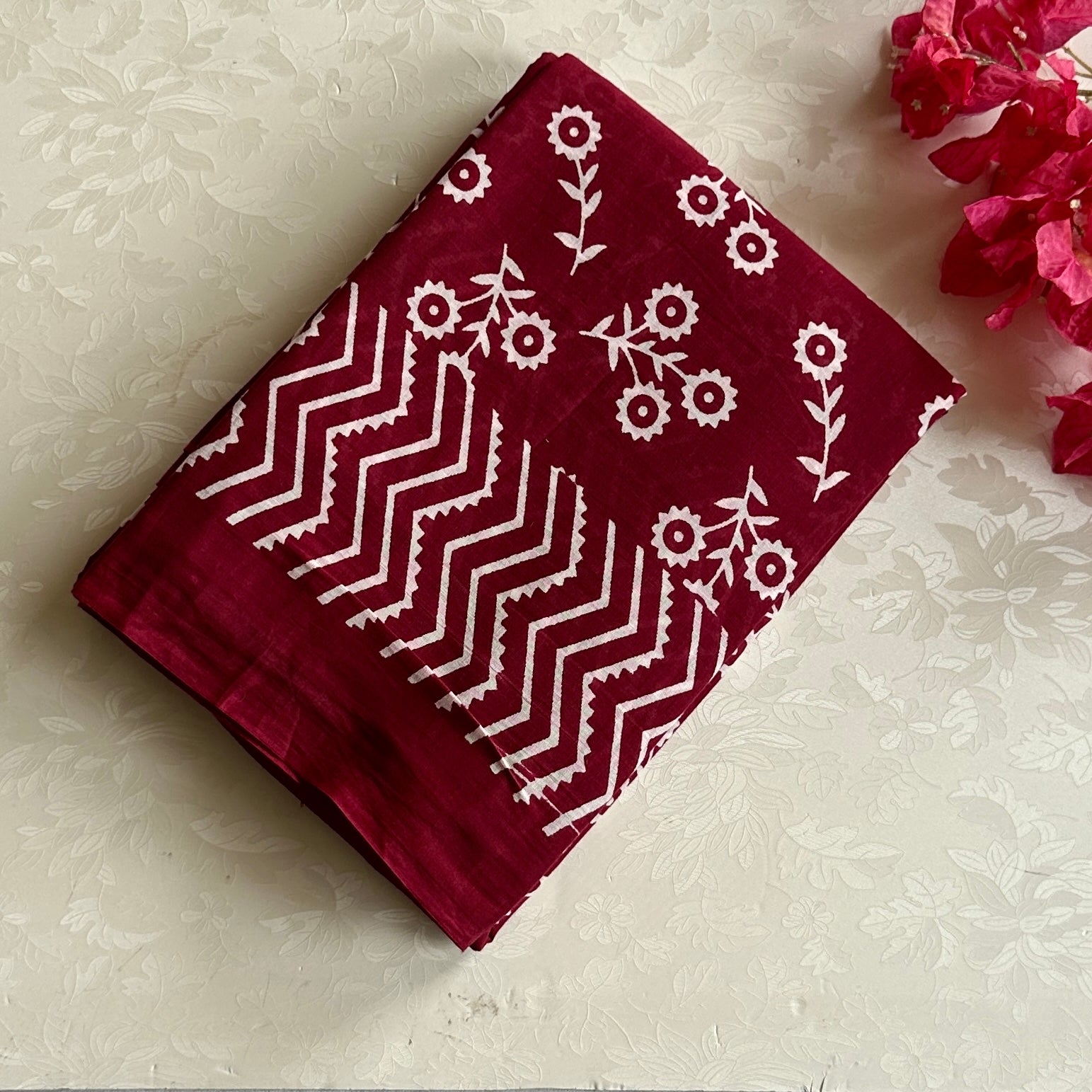 Deep Maroon Floral Block Print Cotton Saree Chevron Border Traditional