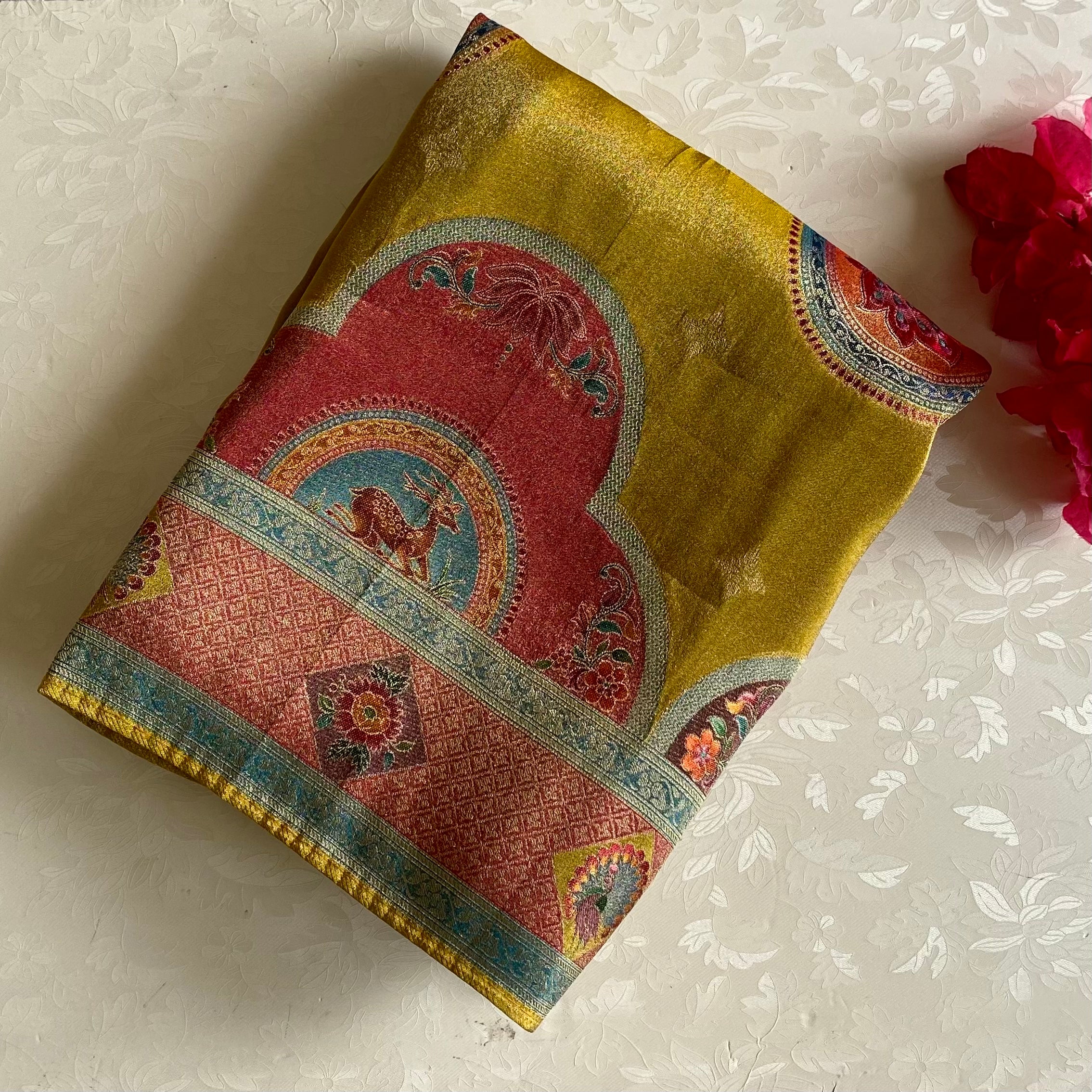 Mustard Yellow Dusty Rose Soft Tissue Silk Saree With Brocade Border