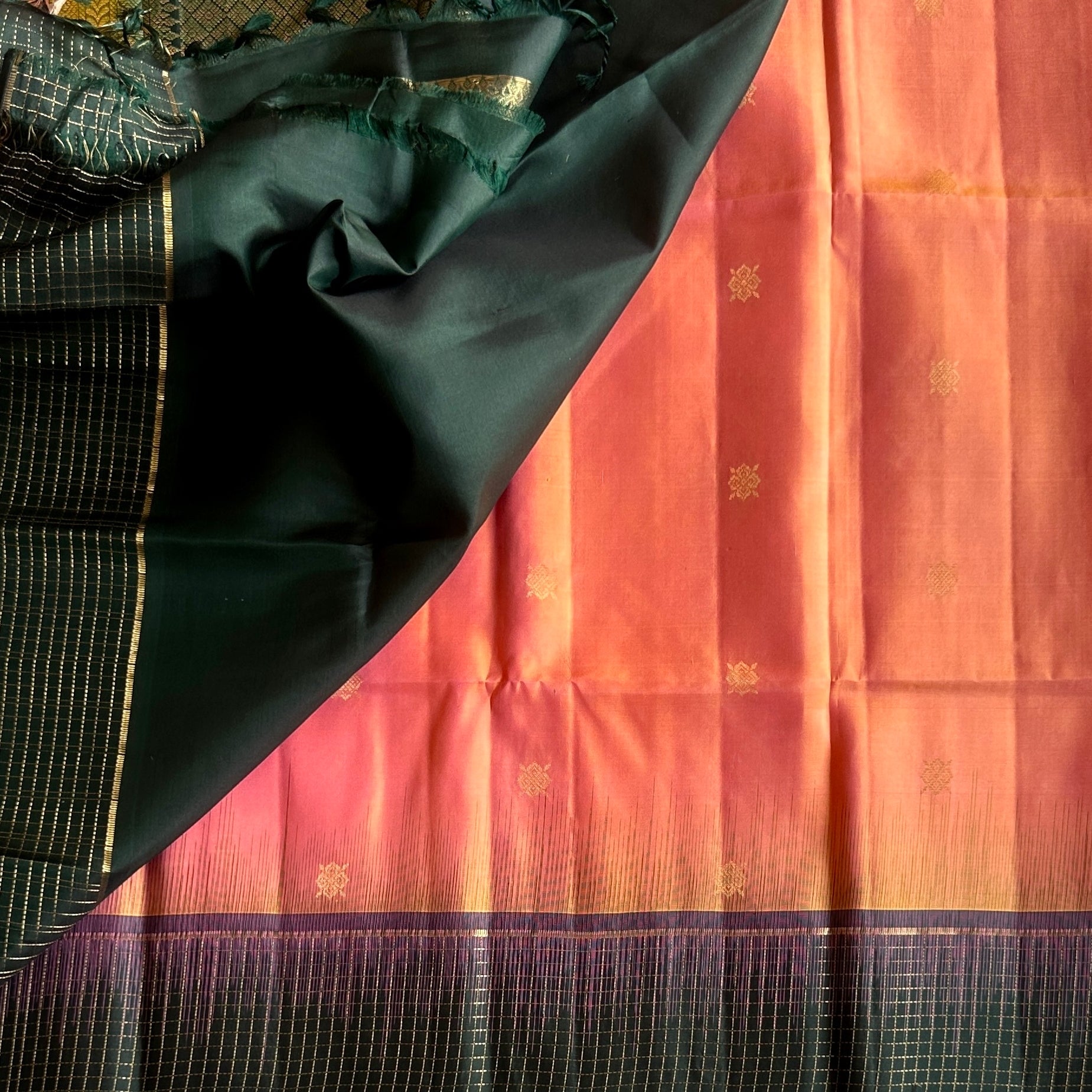 Deep Teal Traditional Silk Saree Gold Brocade Coral Pink Pallu