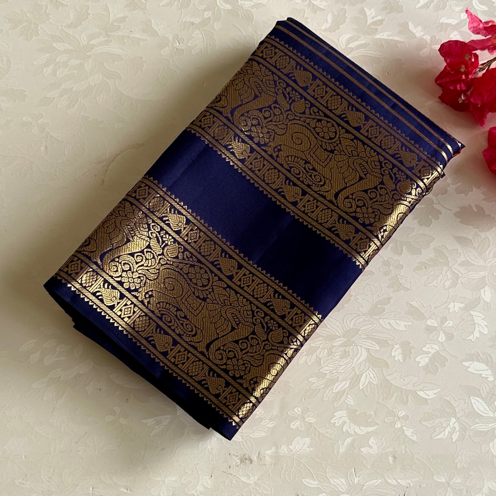 Vintage Masterpiece Rust with Classic Navy Blue Pure Kanjeevaram Silk