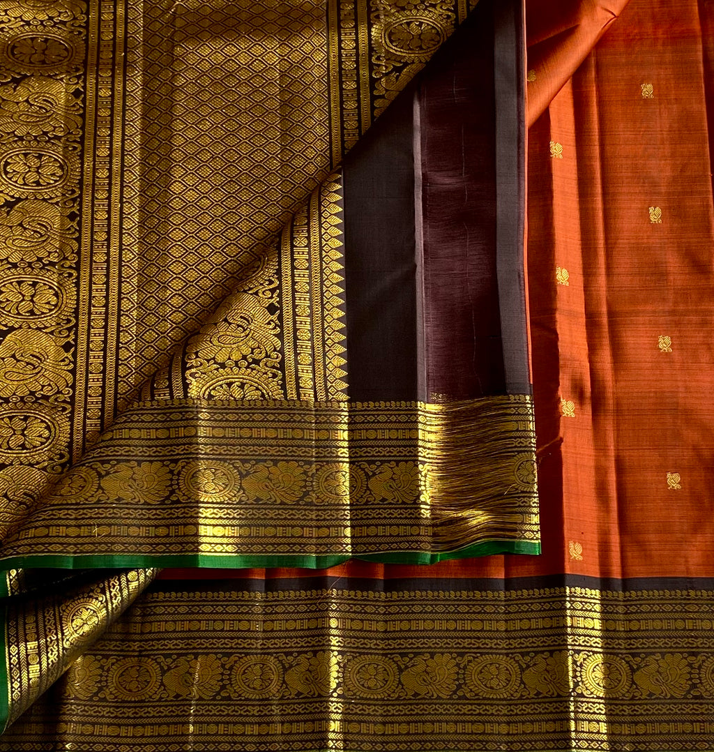 Classic vintage rust orange with wine brown Kanjeevaram pure silk