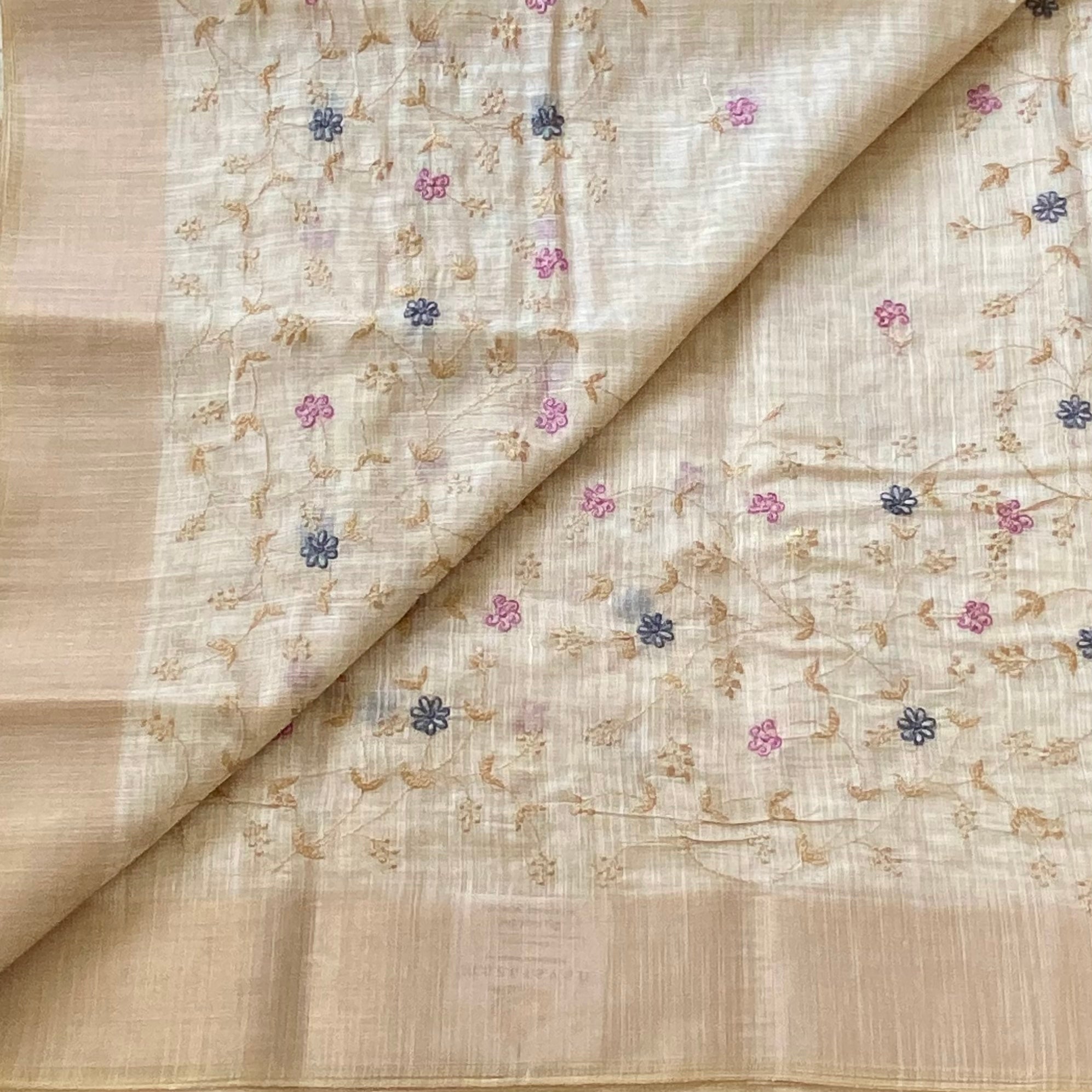Ivory Beige Floral Embroidered Saree Taupe Border Gold Zari Elegant
