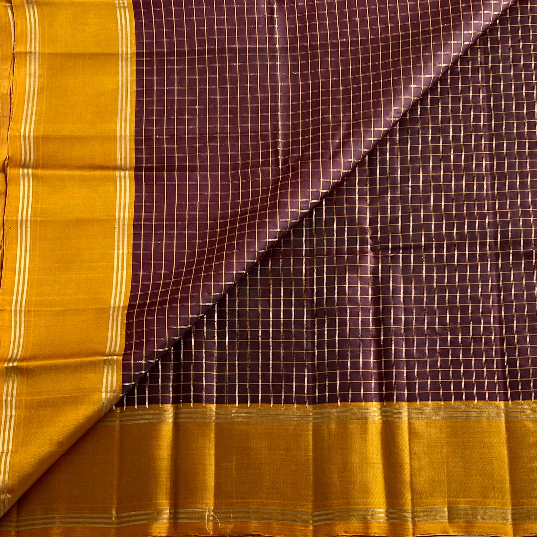 Deep Coffee Checkered Designer Pure Silk With Mustard Gold