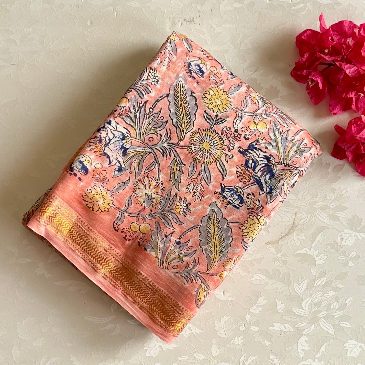 Peach Coral Soft Tussar Silk Saree With Ivory Cream Pallu