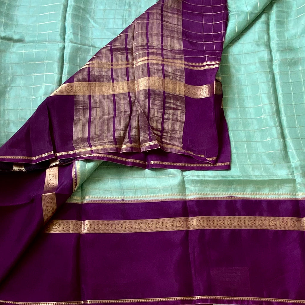 Mint Green soft crepe with deep Purple Gold Checked Pallu