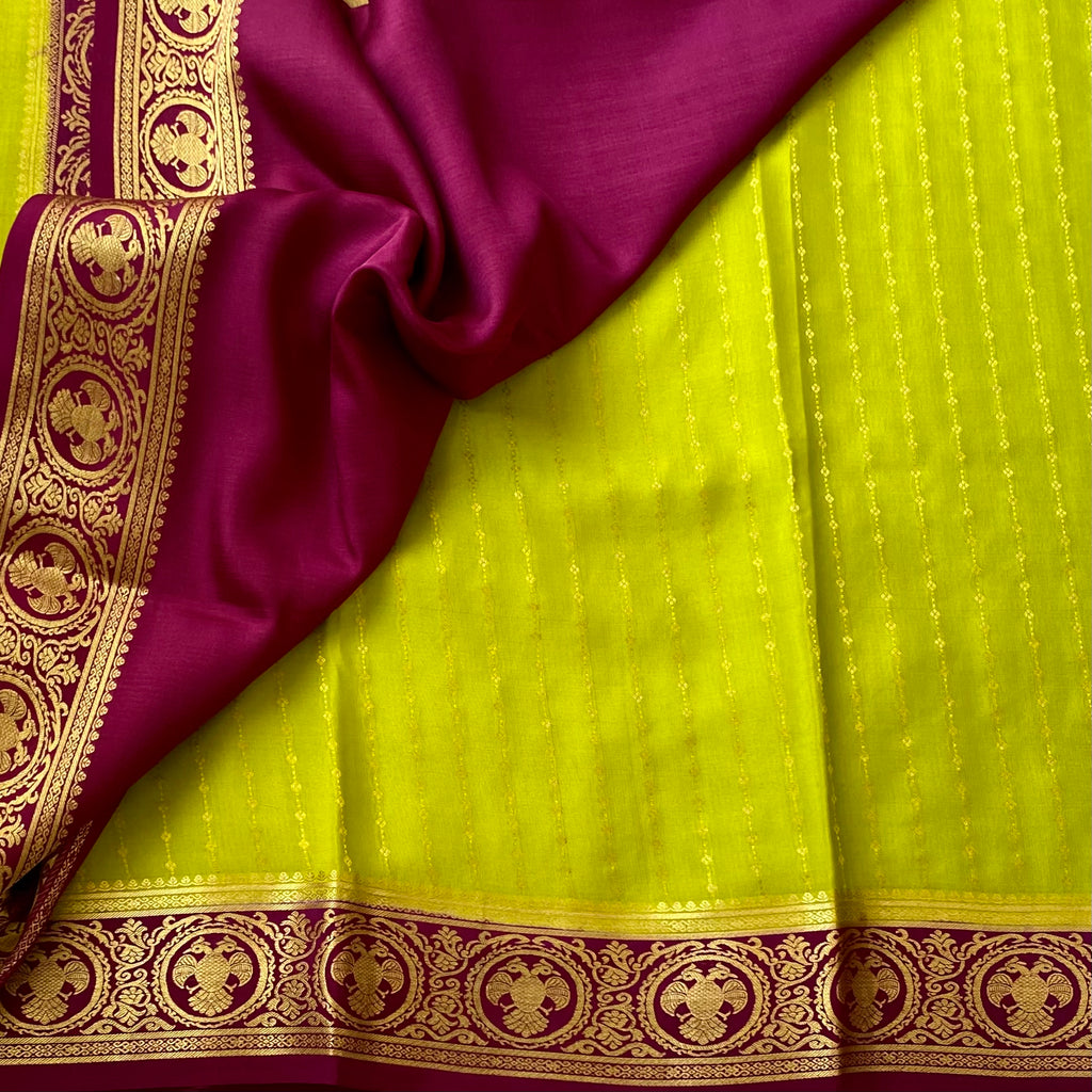 Chartreuse Silk Saree Magenta Brocade Gold Zari Festive Traditional Medallion