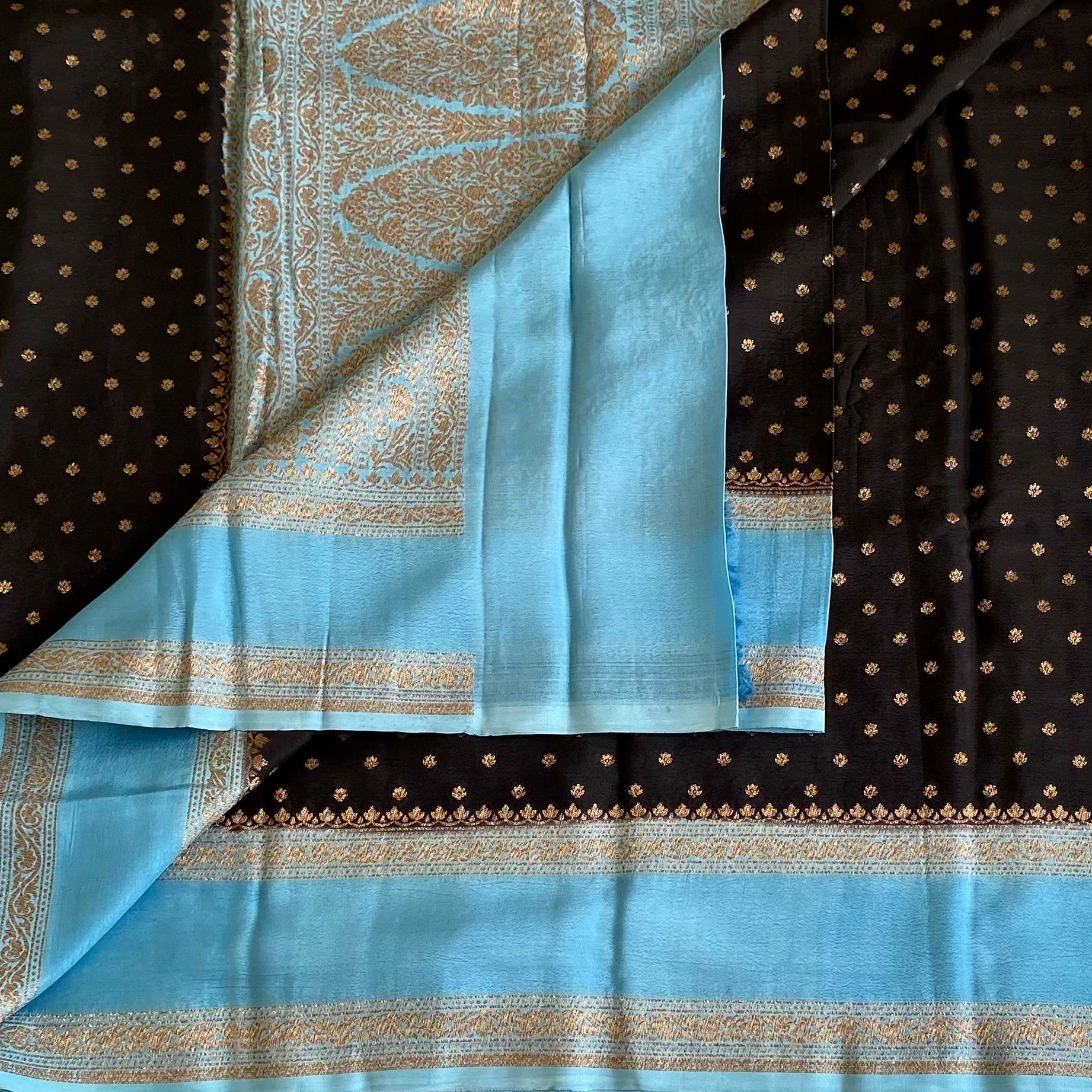 Banarasi Crepe Silk Obsidian Black Saree With Turquoise Blue