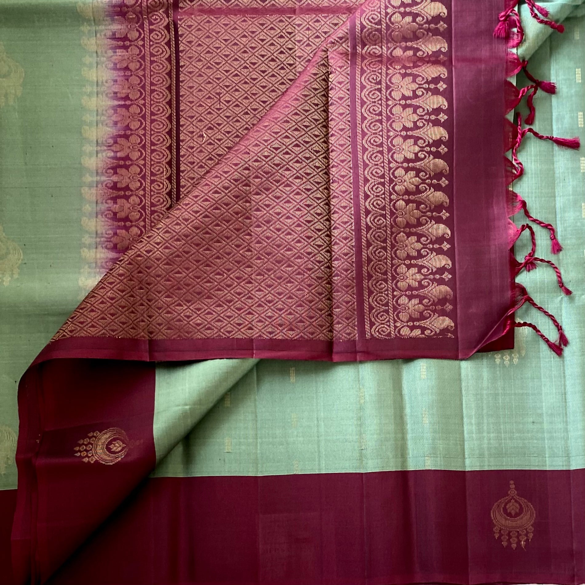 Teal Magenta Silk Saree Gold Zari Paisley Geometric Pallu Wedding