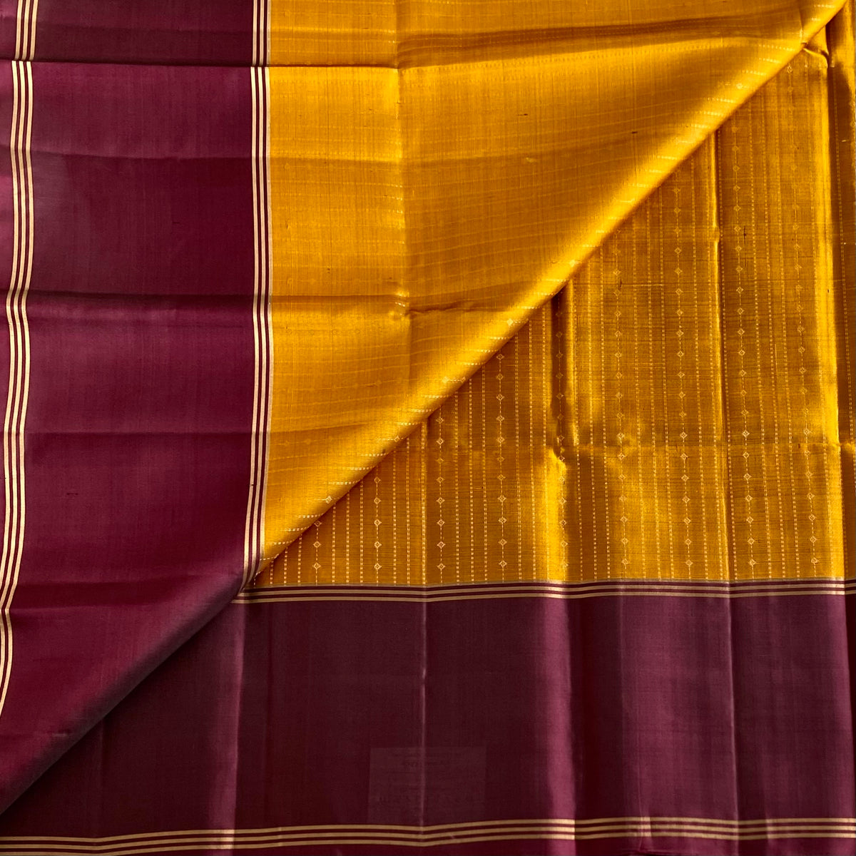 Mustard Gold Designer Pure Silk Saree With Deep Wine Maroon Pallu