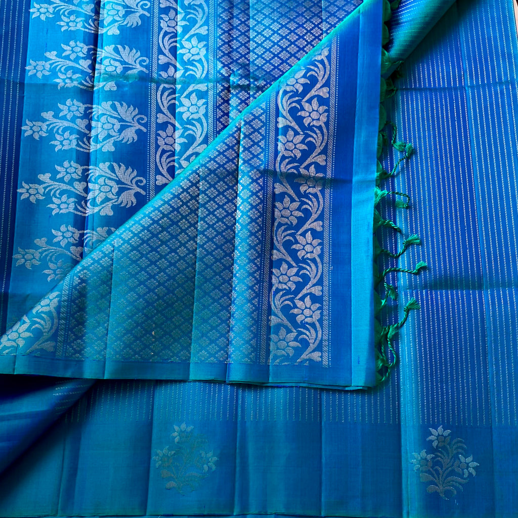 Cobalt Blue Teal Woven Saree with Silver Zari Floral Design