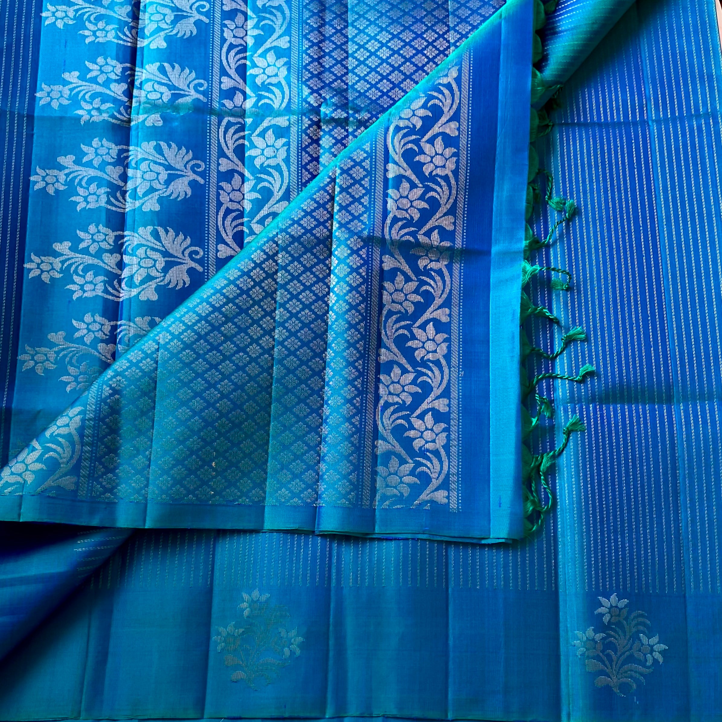 Cobalt Blue Teal Woven Saree with Silver Zari Floral Design