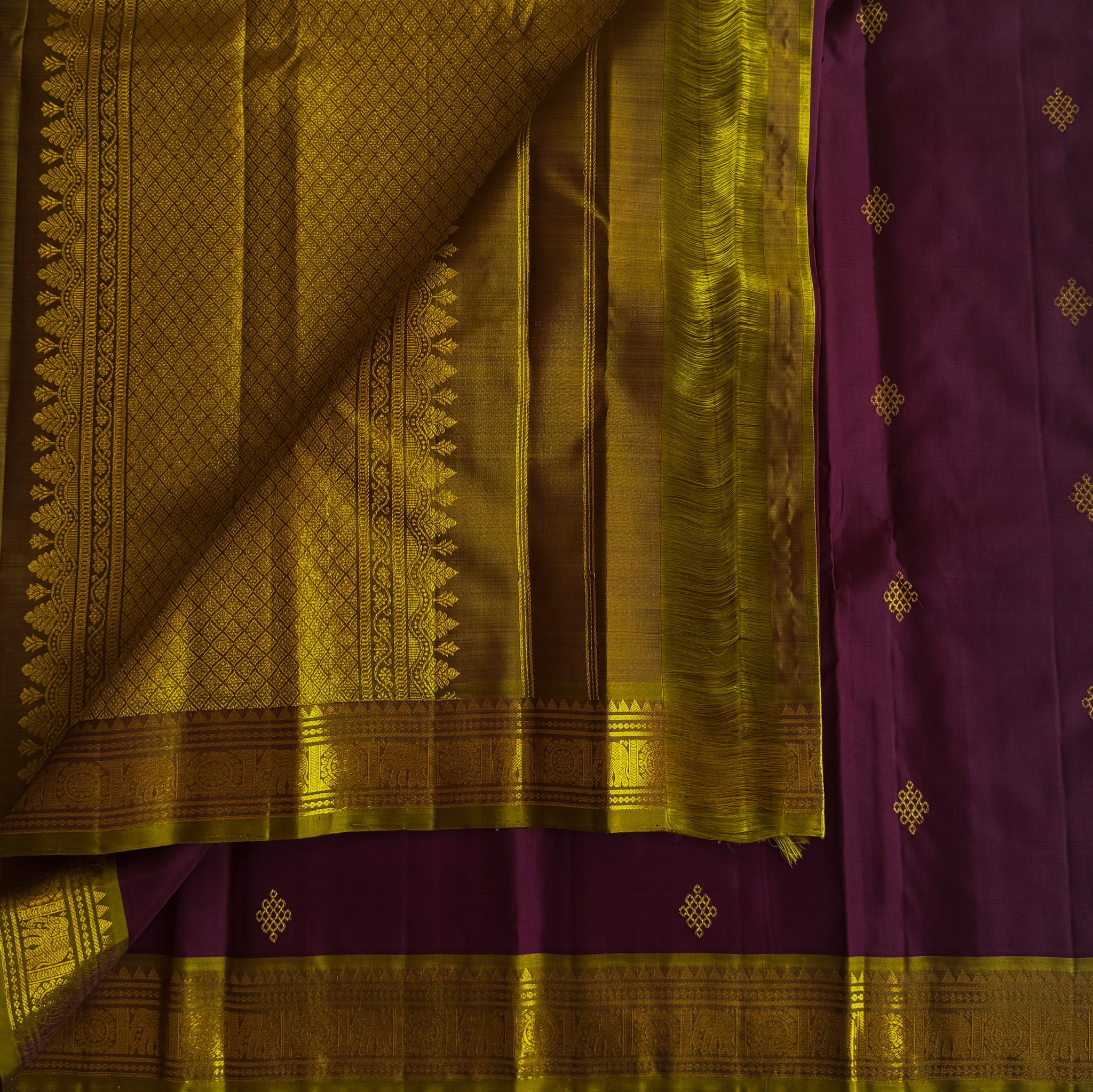 Mustard Gold Brocade Saree Plum Body Gold Zari for Wedding