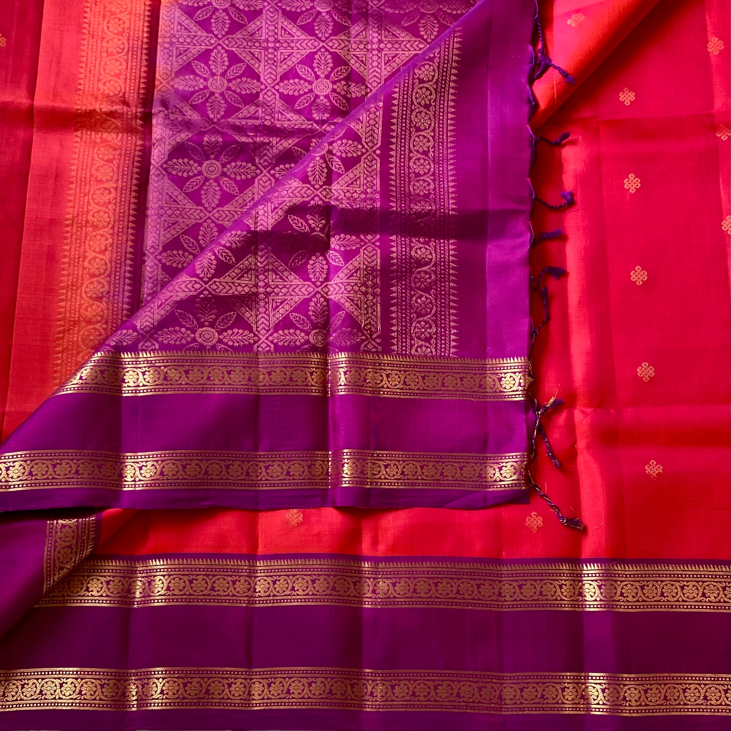 Magenta Silk Saree with Gold Brocade Crimson Red Contrast Pallu