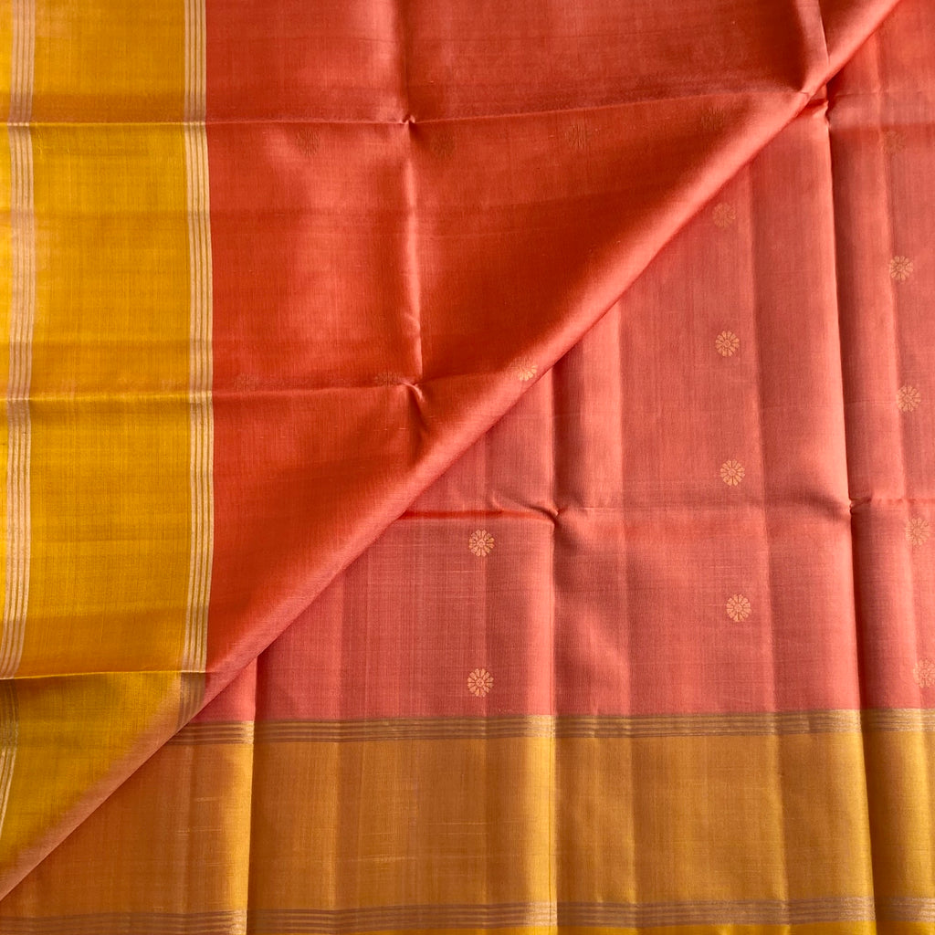 Coral Peach Designer Pure Silk Saree With Mustard Gold Border