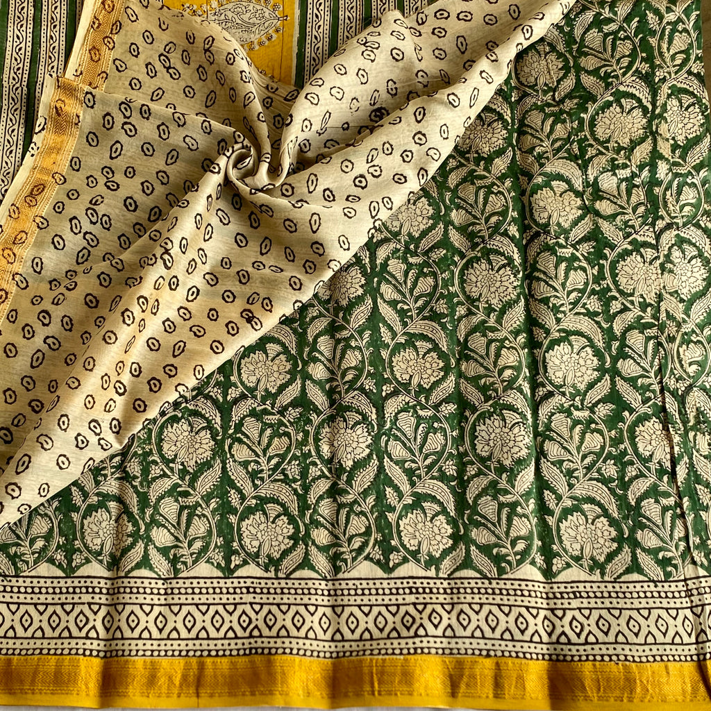 Forest Green Soft Tussar Silk Saree With Mustard Yellow Pallu Gold Border