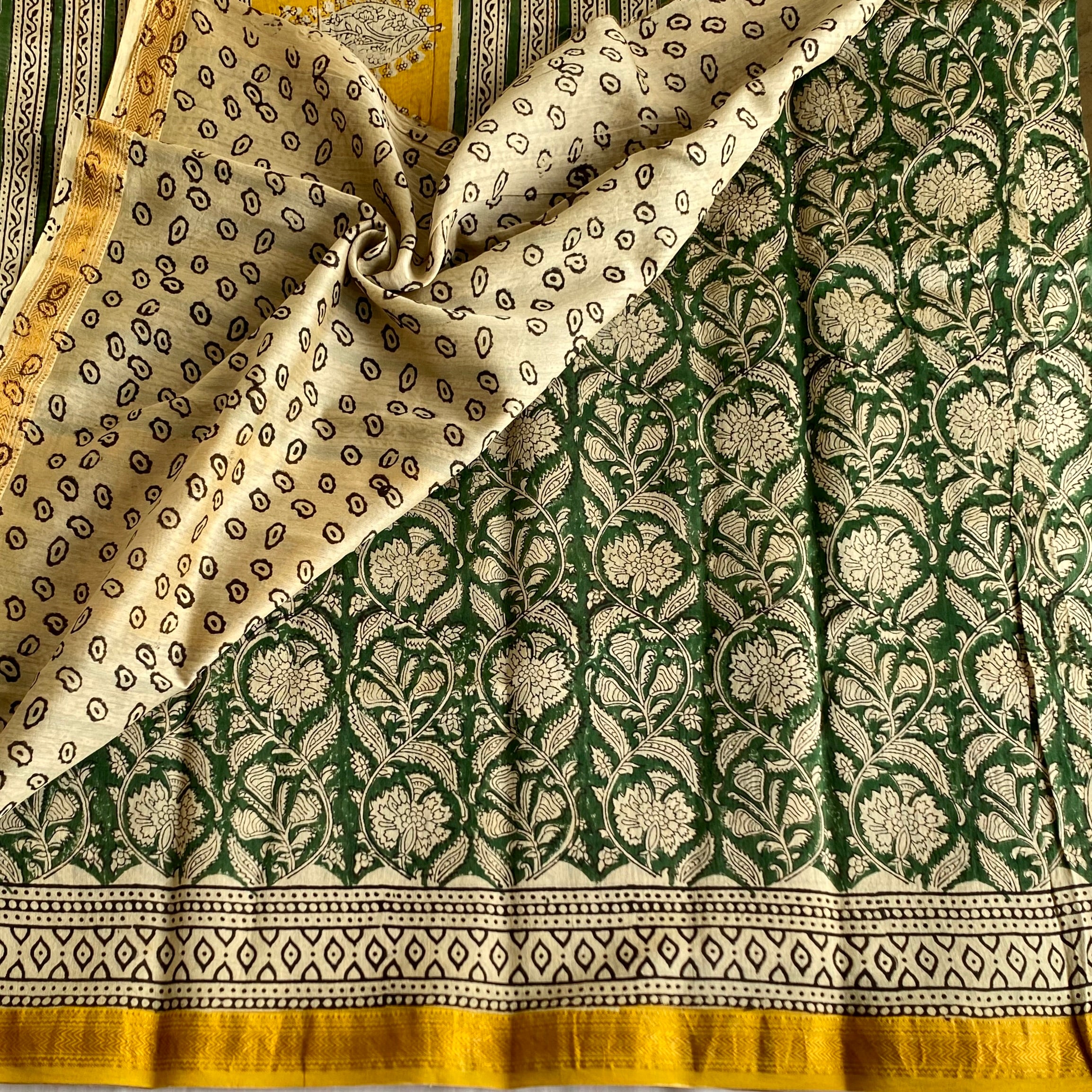 Forest Green Soft Tussar Silk Saree With Mustard Yellow Pallu Gold Border