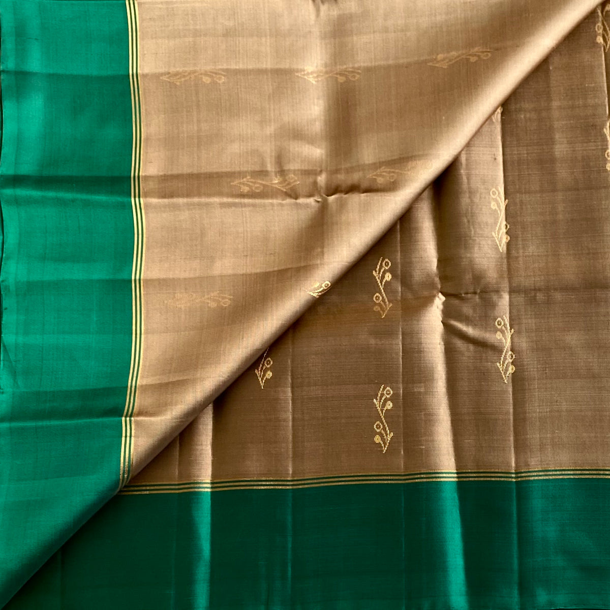 Taupe Greyish Brown & Teal Green Designer Pure Silk Saree With Gold Zari