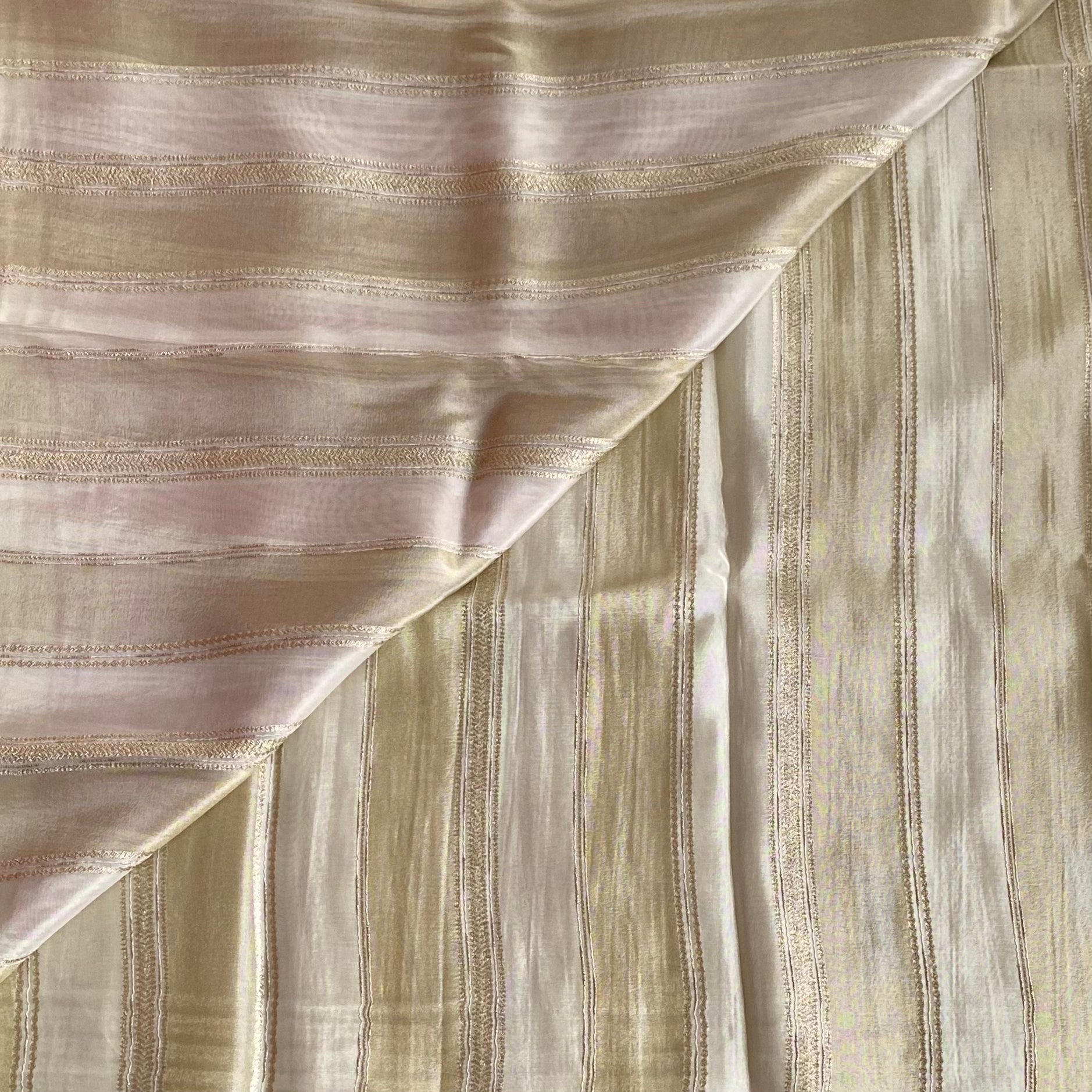 Ivory Blush Silk Saree with Gold Stripes and Medallions Elegant