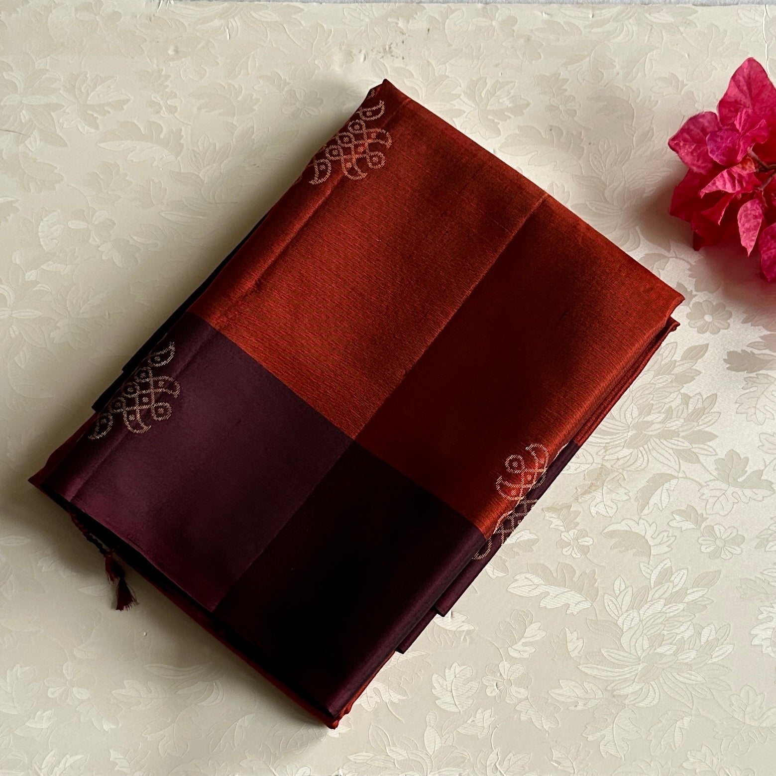 Rust with wine brown Kollam zari woven Designer pure Silk