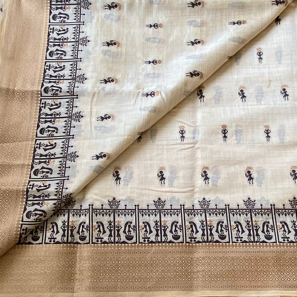 Ivory Handloom Cotton Saree with Tan Border and Folk Prints
