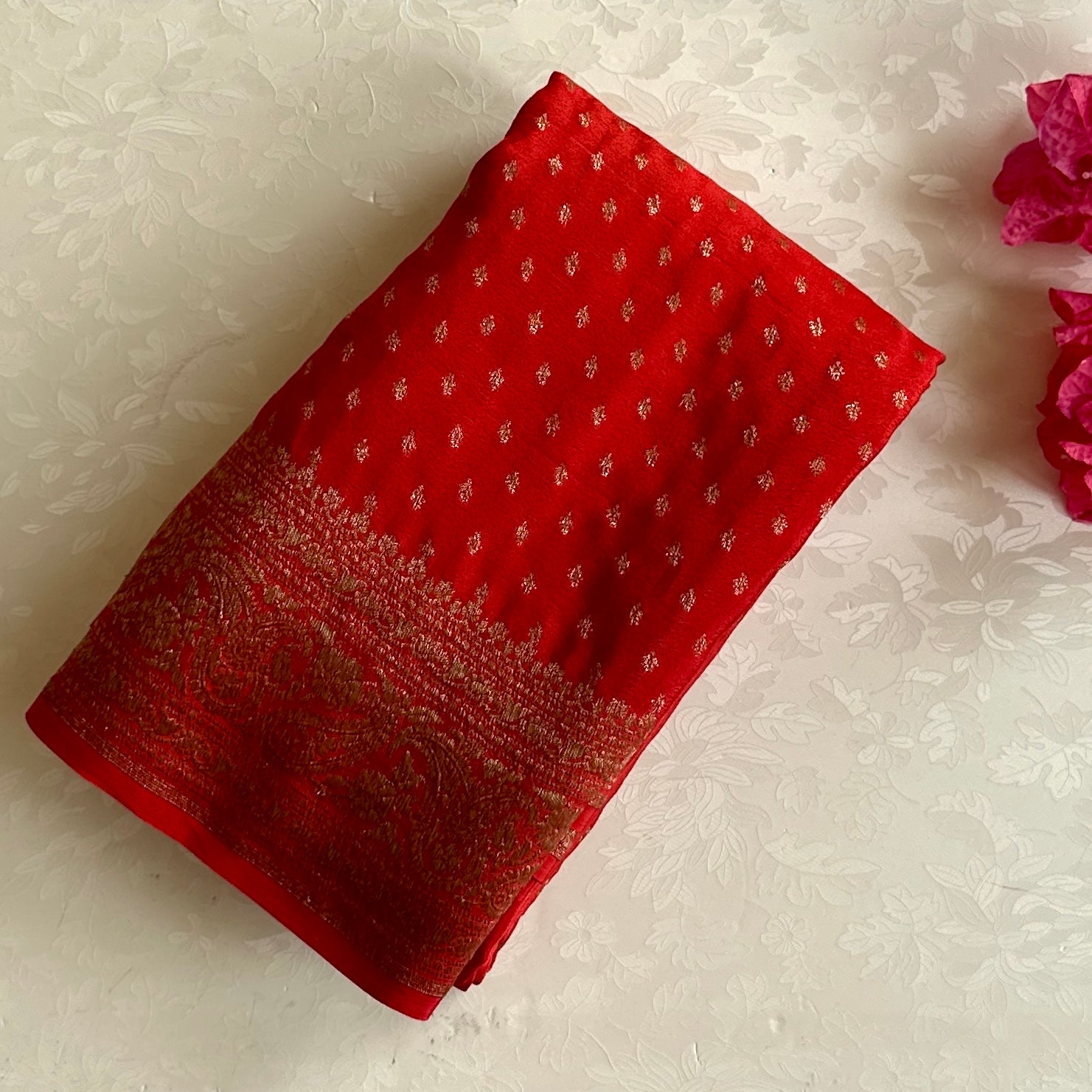 Scarlet Banarasi Silk Saree Antique Gold Brocade Wedding Saree Traditional