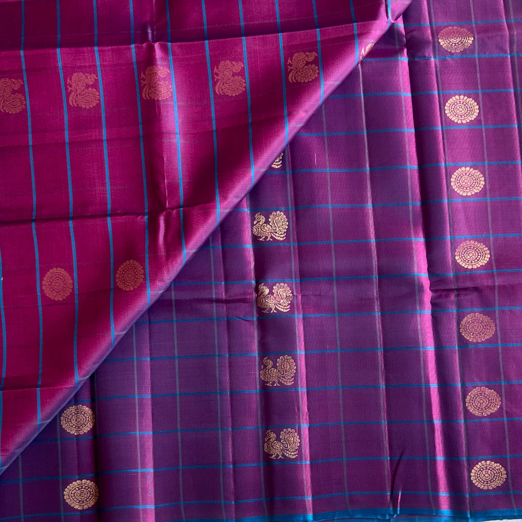 Checkered Stunner in gorgeous deep Magenta with turquoise handwoven pure silk
