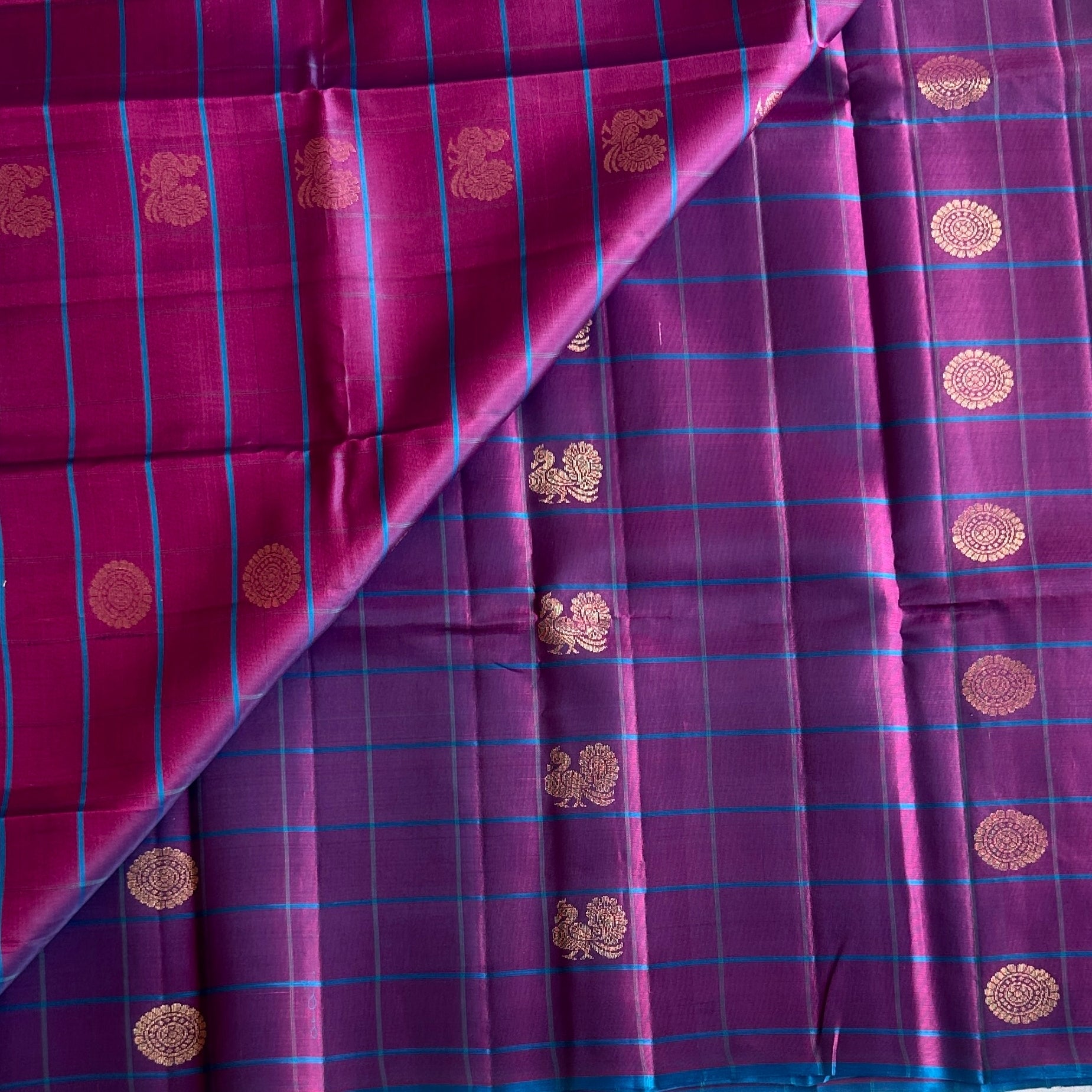 Checkered Stunner in gorgeous deep Magenta with turquoise handwoven pure silk