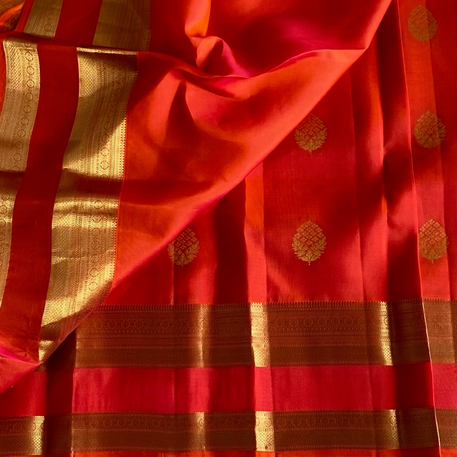 Vibrant Kanakambari Orange Designer Pure Silk Saree With Retta Petta Borders