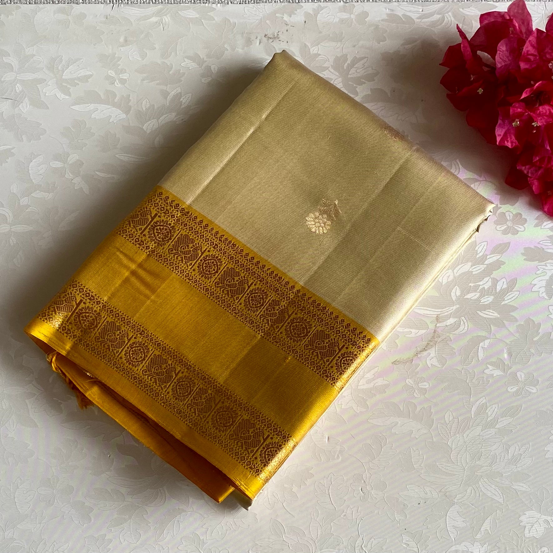 Champagne Beige Designer Pure Silk Saree With Mustard Yellow Pallu