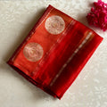 Vermilion Red Designer Soft Crepe Saree With Antique Gold Pallu