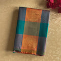 Teal Silk Checked Saree Floral Jaal Pallu Antique Gold Border