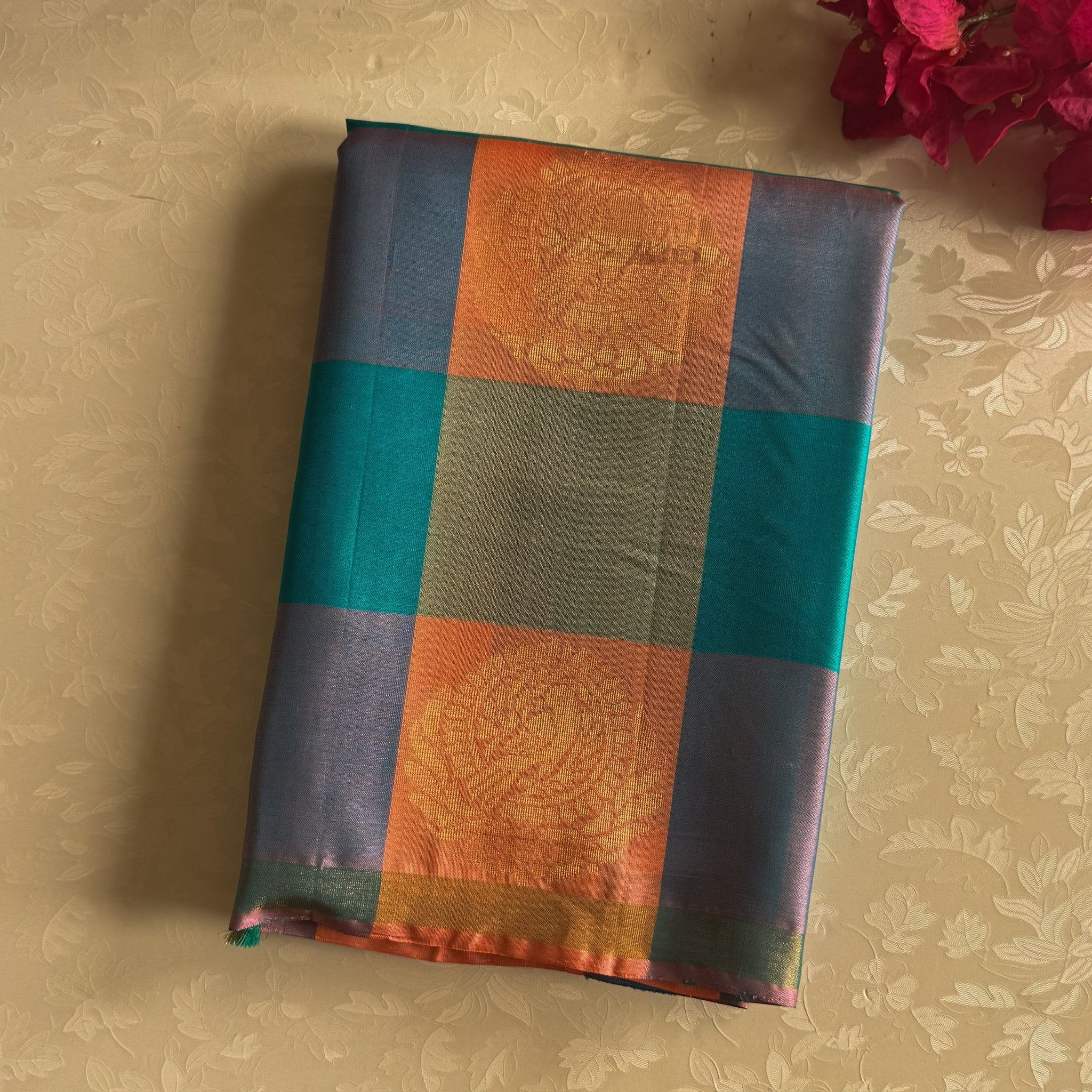 Teal Silk Checked Saree Floral Jaal Pallu Antique Gold Border