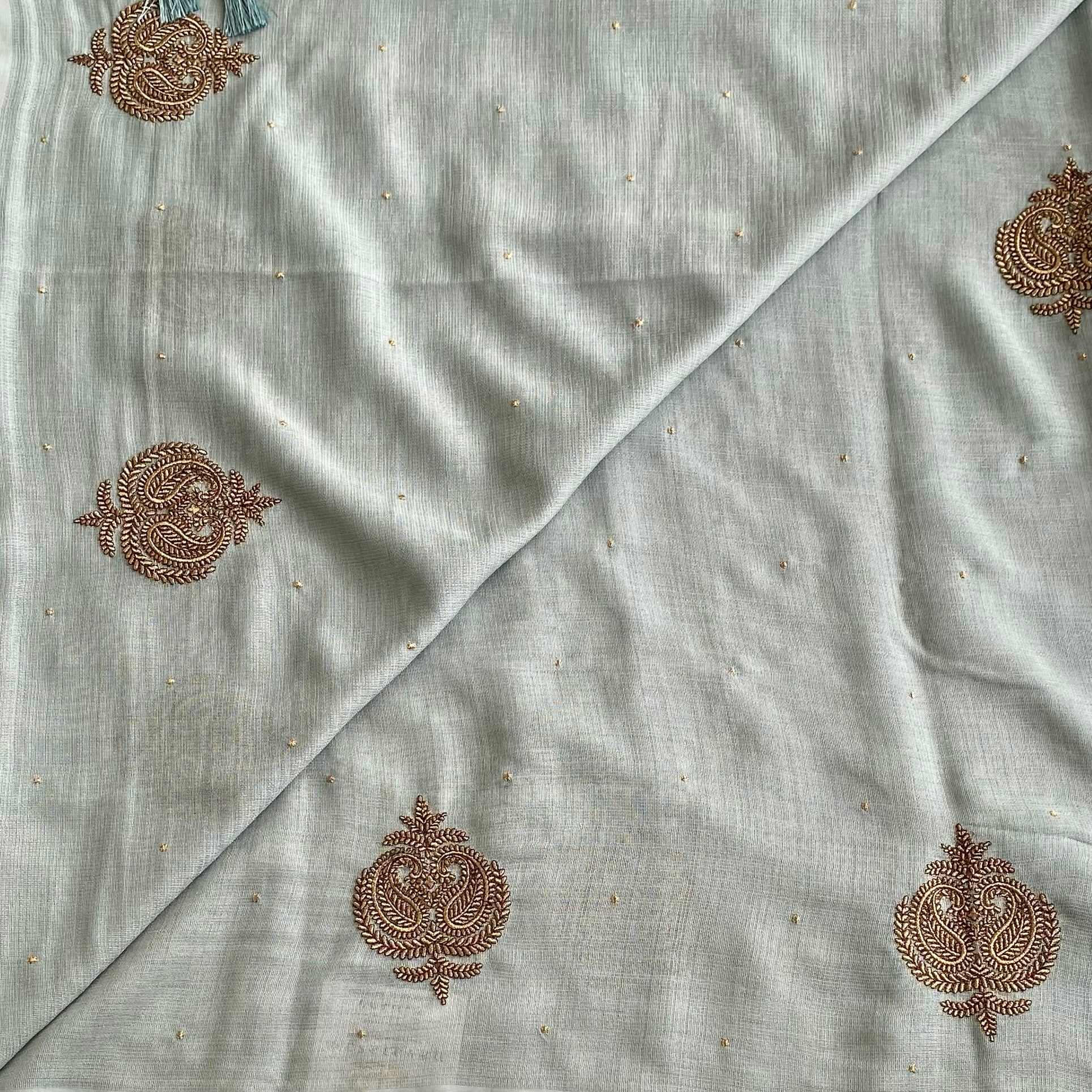 Sage Green Soft Jute Tussar Saree With Jet Black Embroidered Blouse