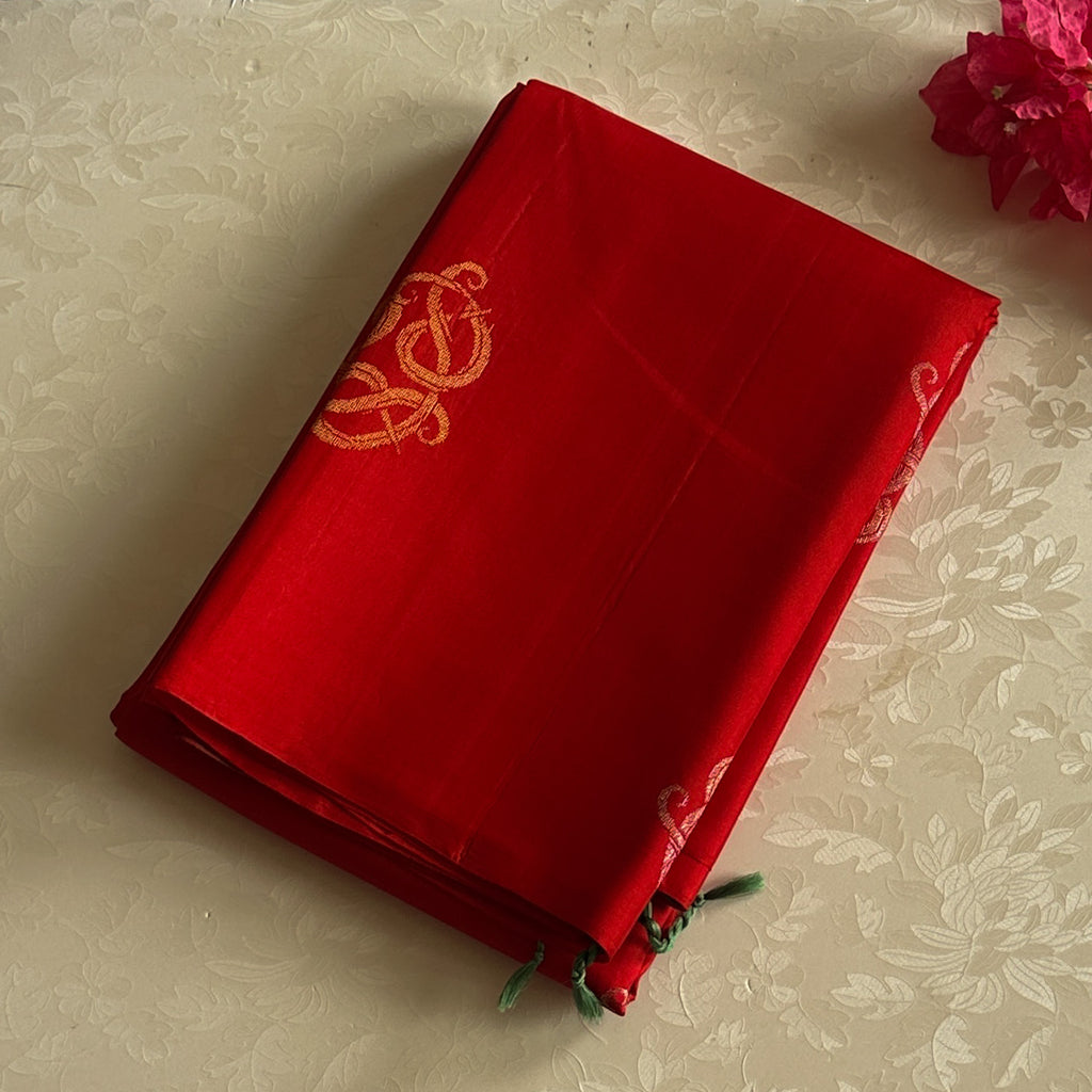 Scarlet Red Silk Saree Seafoam Green Pallu Gold Zari Work