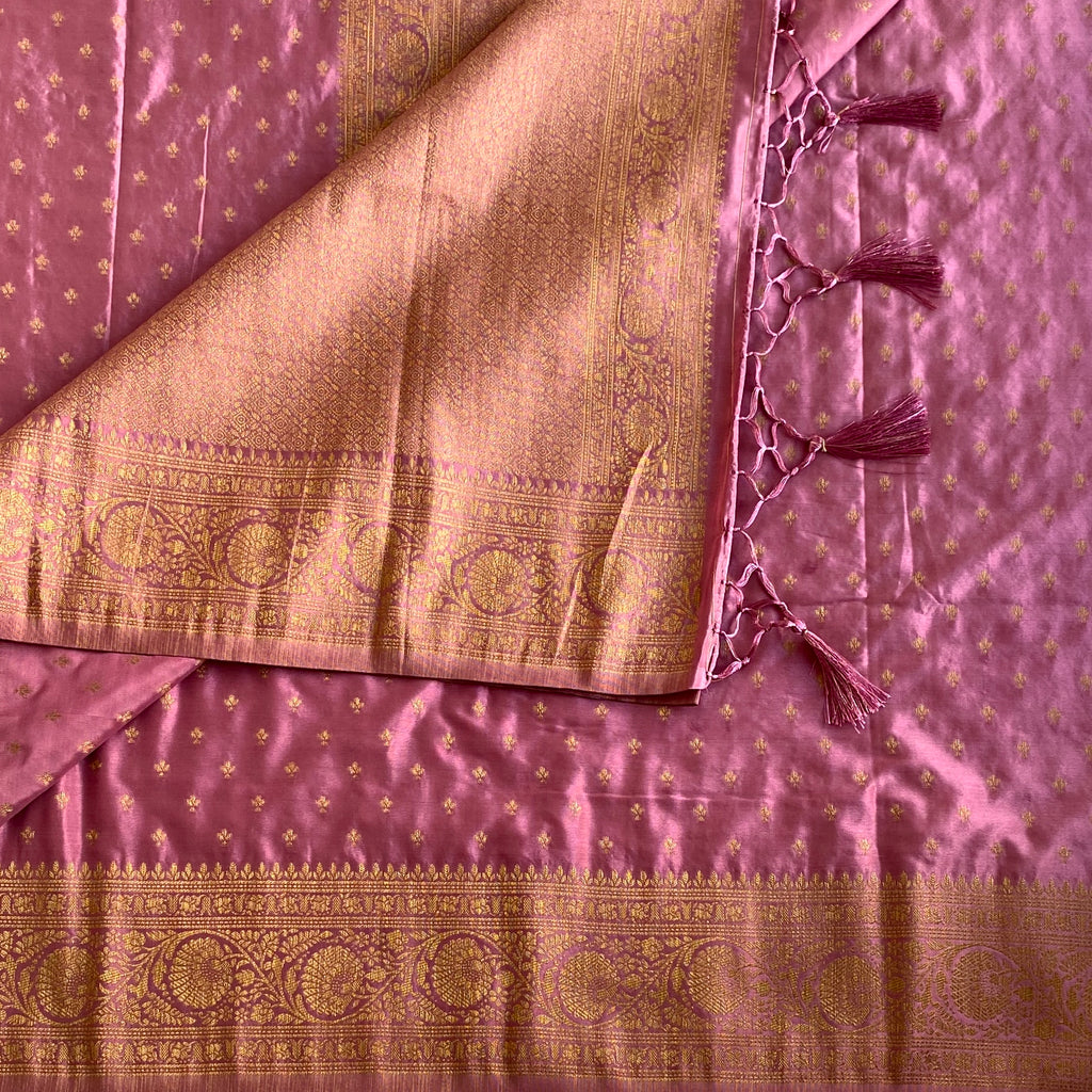 Deep Mauve Soft Satin Crepe Saree With Antique Gold Pallu