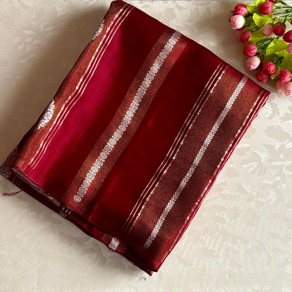 Deep Red Wine Soft Crepe Silk Saree With Antique Gold Medallion Pallu
