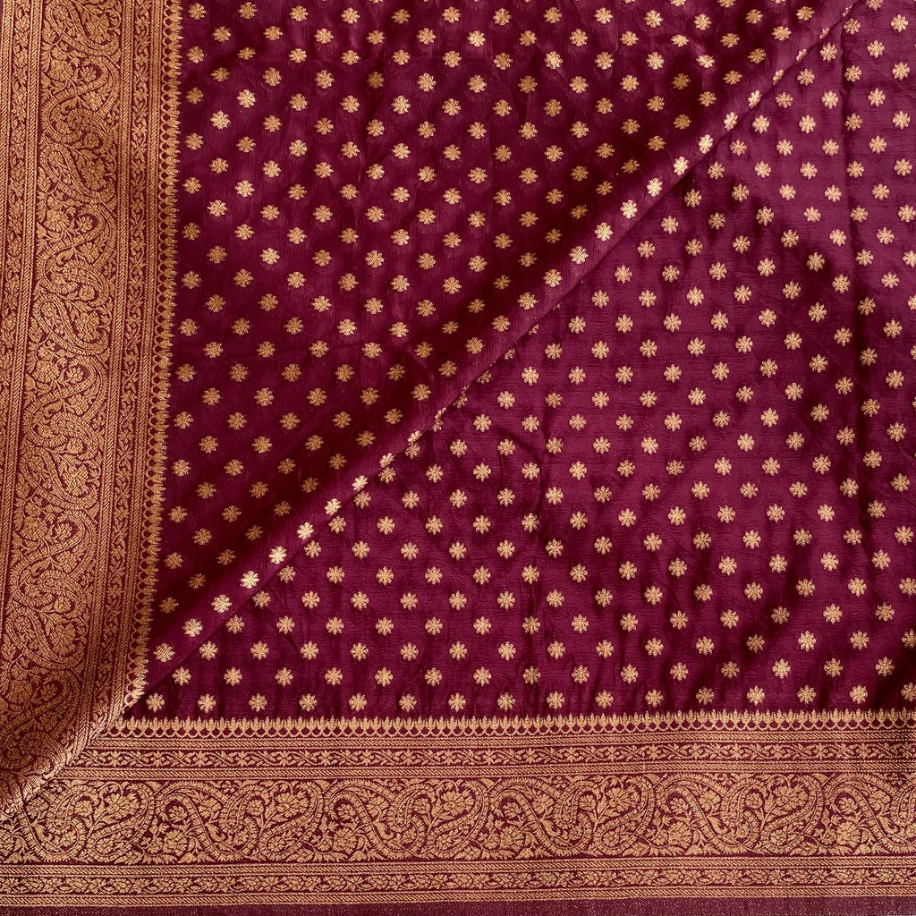 Deep Plum Soft Tussar Silk Saree With Antique Gold Brocade