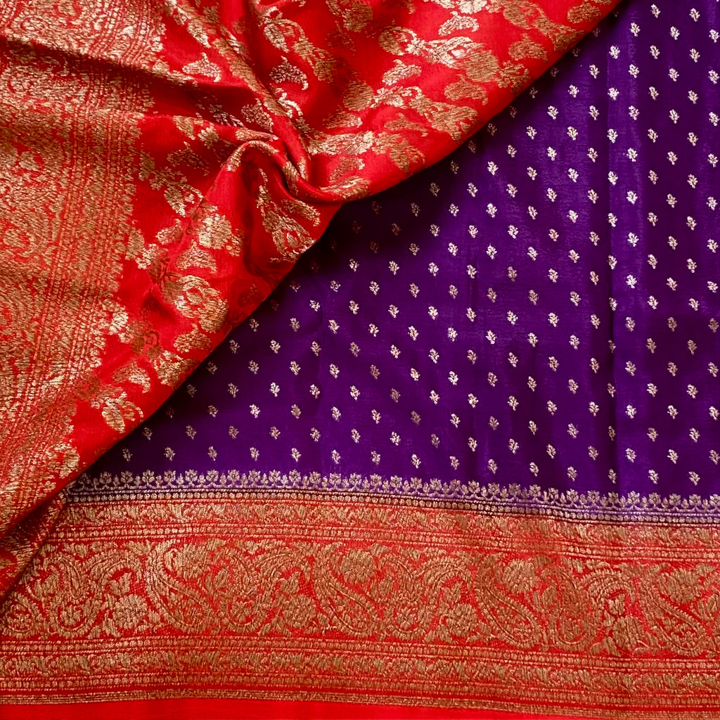 Royal Purple Banarasi Silk Saree Crimson Red Gold Brocade