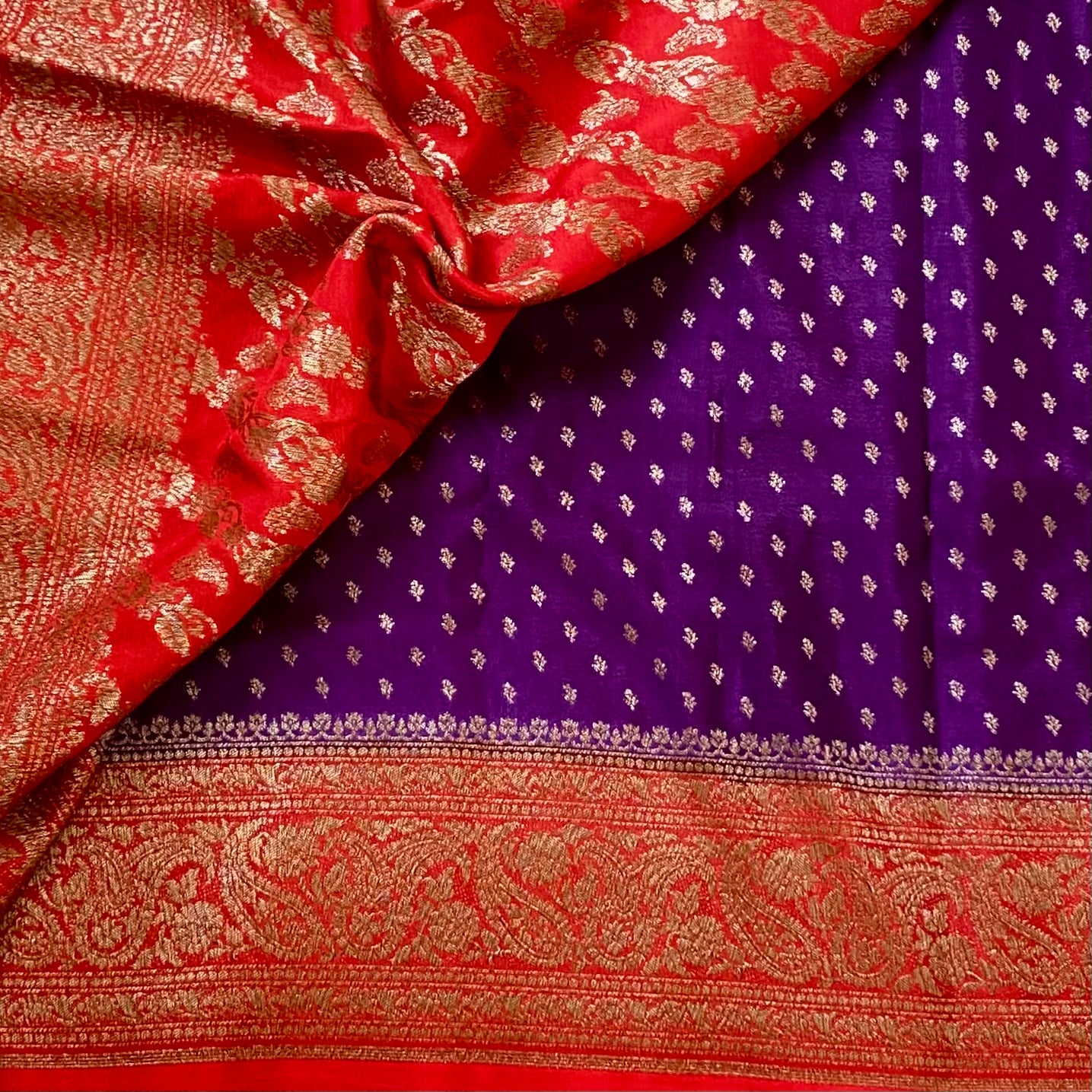 Royal Purple Banarasi Silk Saree Crimson Red Gold Brocade