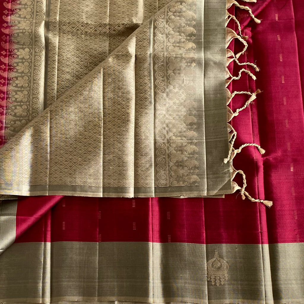 Antique Gold Designer Pure Silk Saree With Rani Pink Pallu