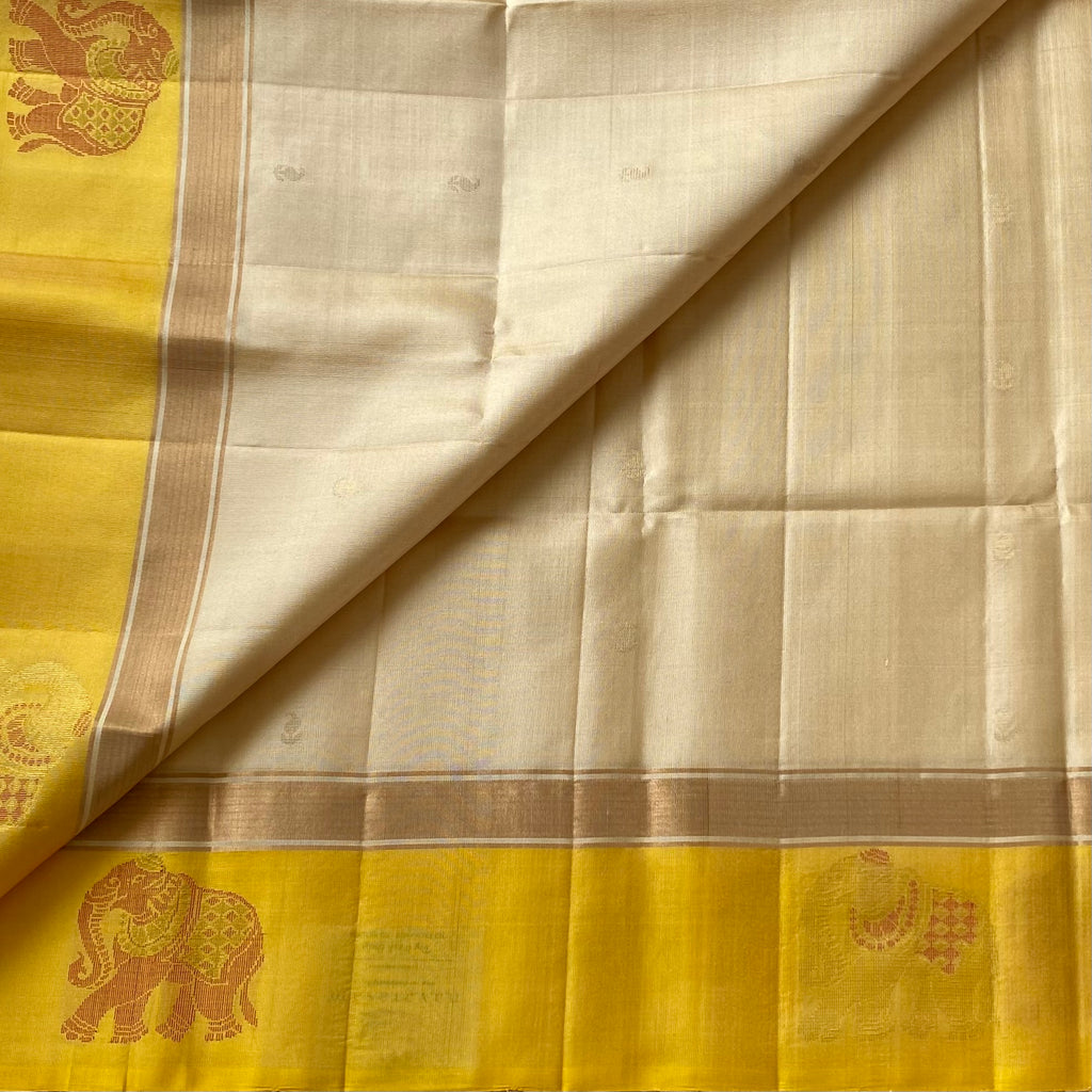 Stunner beige with lemon, yellow designer, handwoven, pure silk with elephant buttas