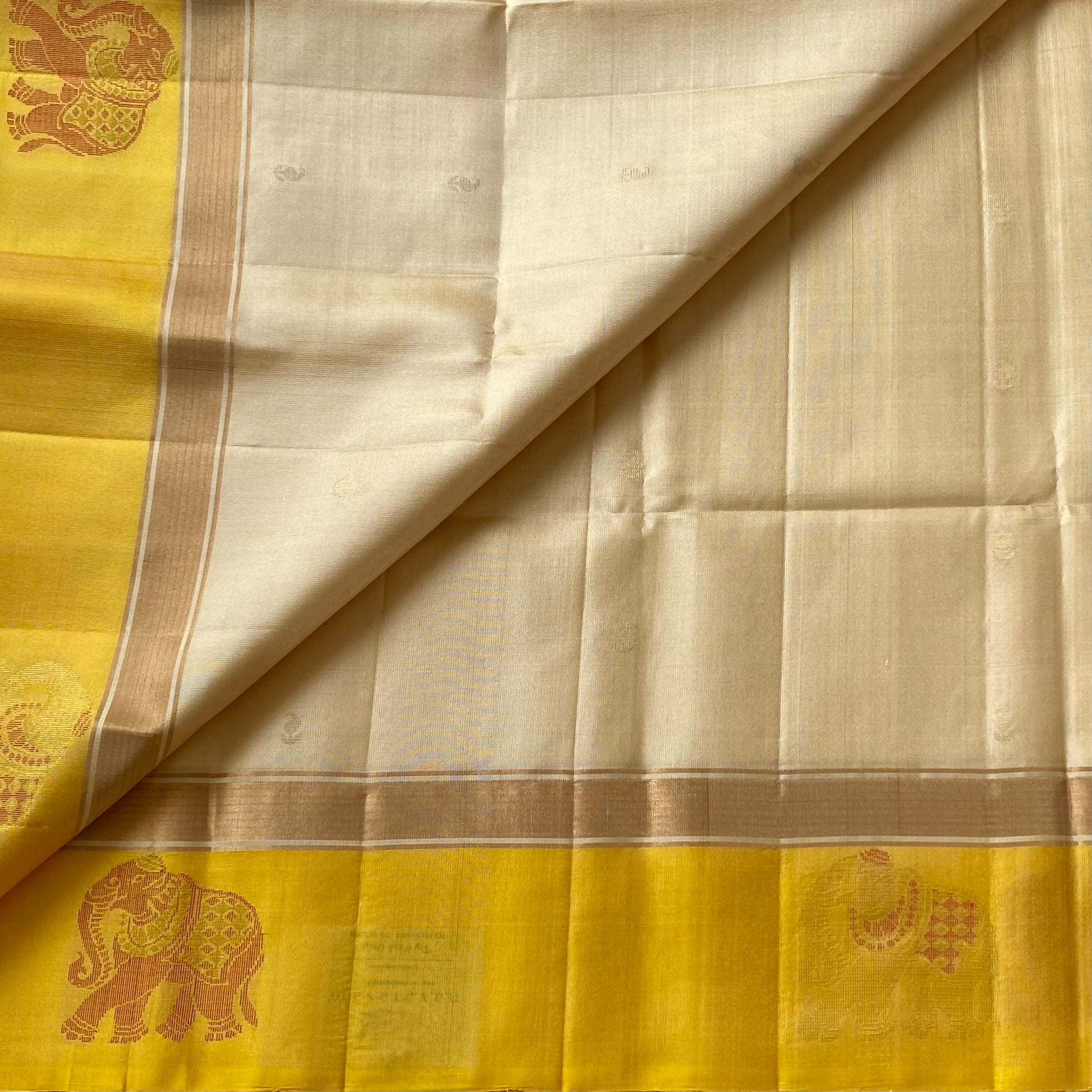 Stunner beige with lemon, yellow designer, handwoven, pure silk with elephant buttas