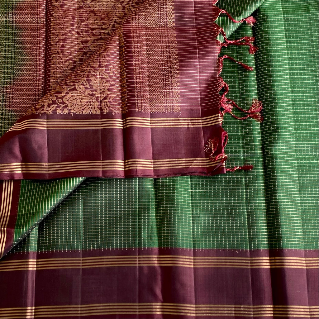 Bottle Green with Deep Maroon Checked Silk Saree With Zari