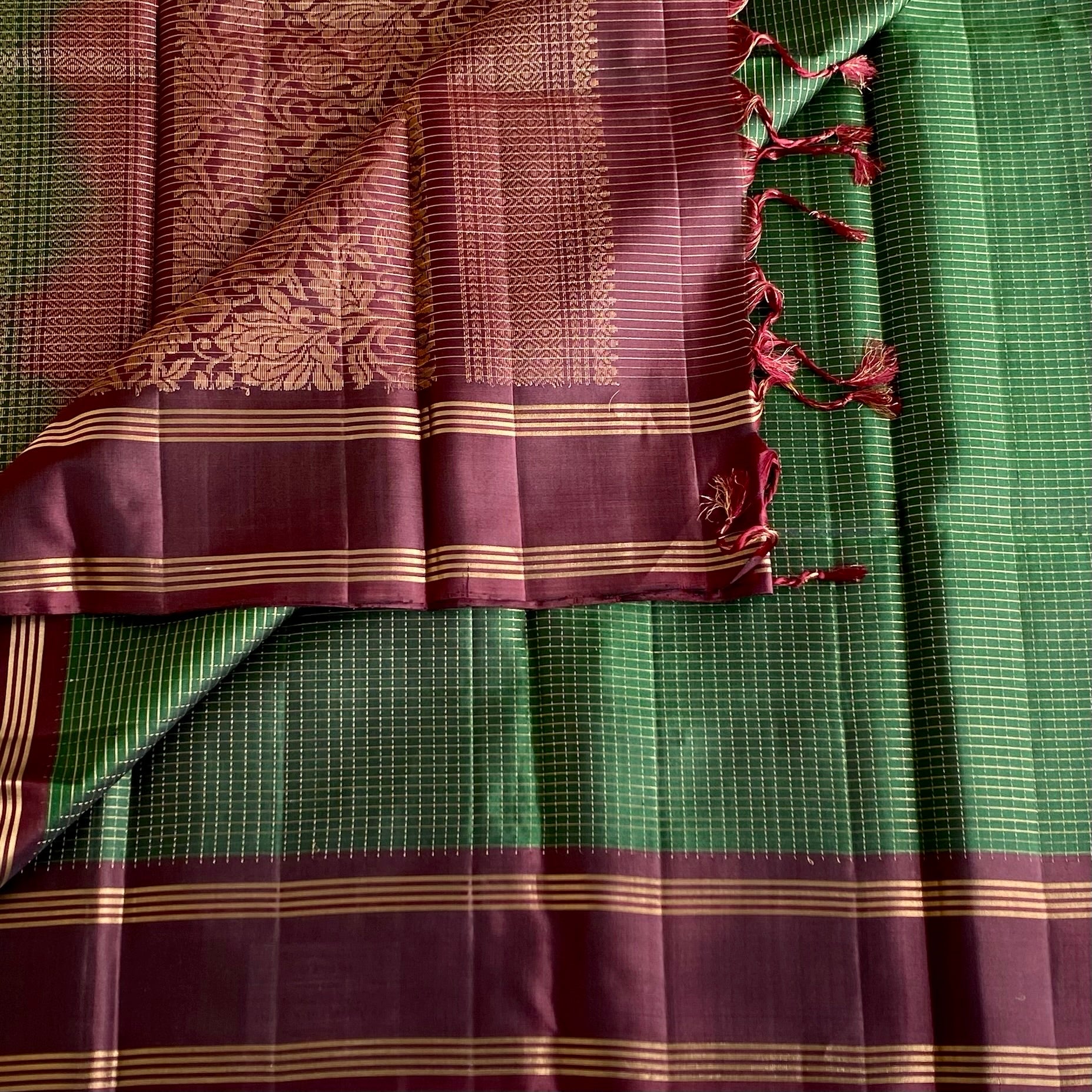 Bottle Green with Deep Maroon Checked Silk Saree With Zari