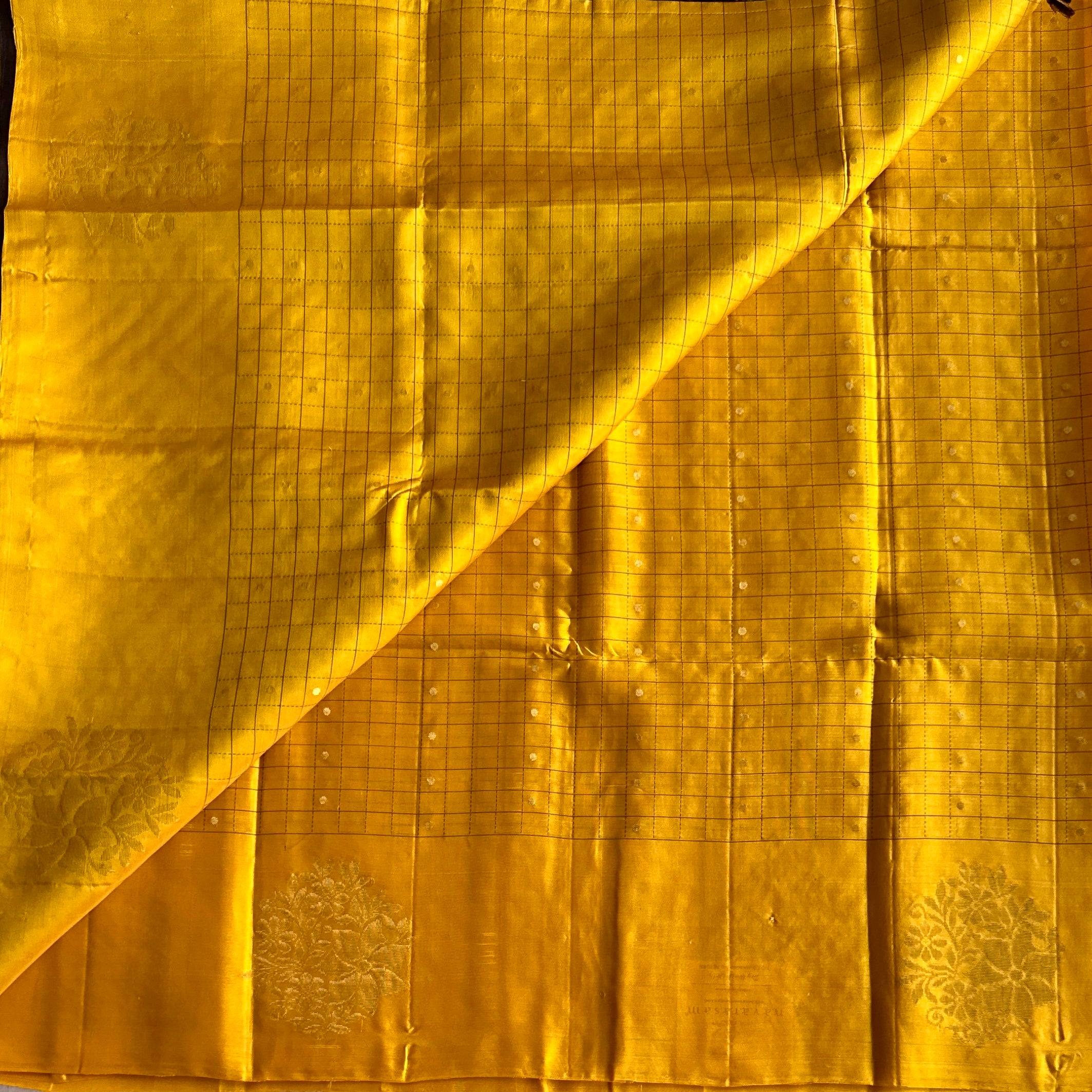 Mustard Silk Saree with Brown Zari Pallu Floral Medallion Design