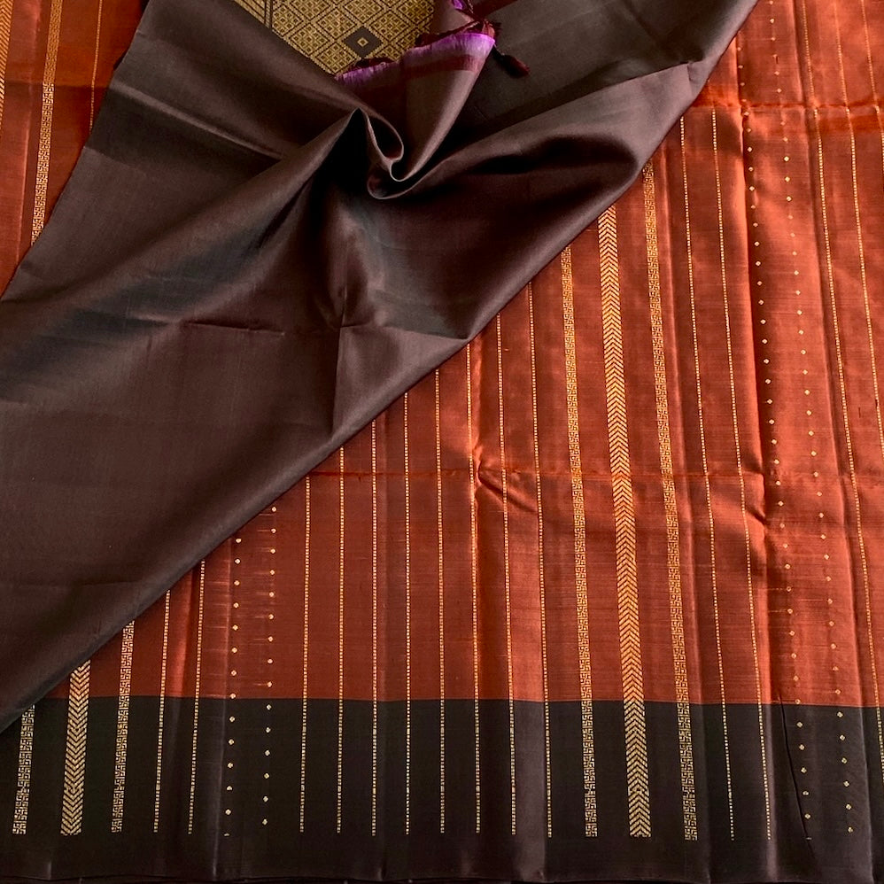 Burnt Orange Designer Pure Silk Saree With Deep Plum Pallu