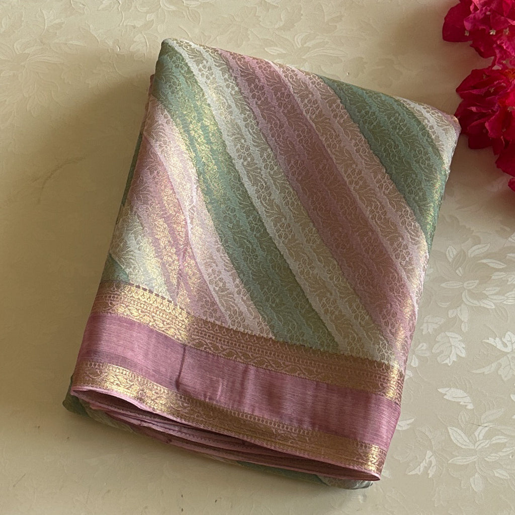 Pastel Pink Green Silk Saree Diagonal Stripes Floral Brocade Pallu